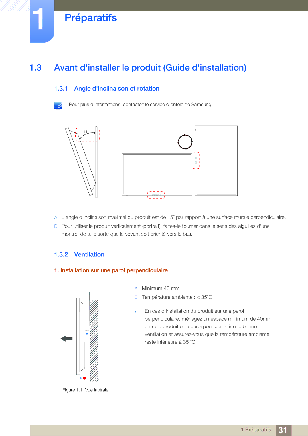 Samsung LH46MEPLGC/EN manual Avant dinstaller le produit Guide dinstallation, Angle dinclinaison et rotation, Ventilation 