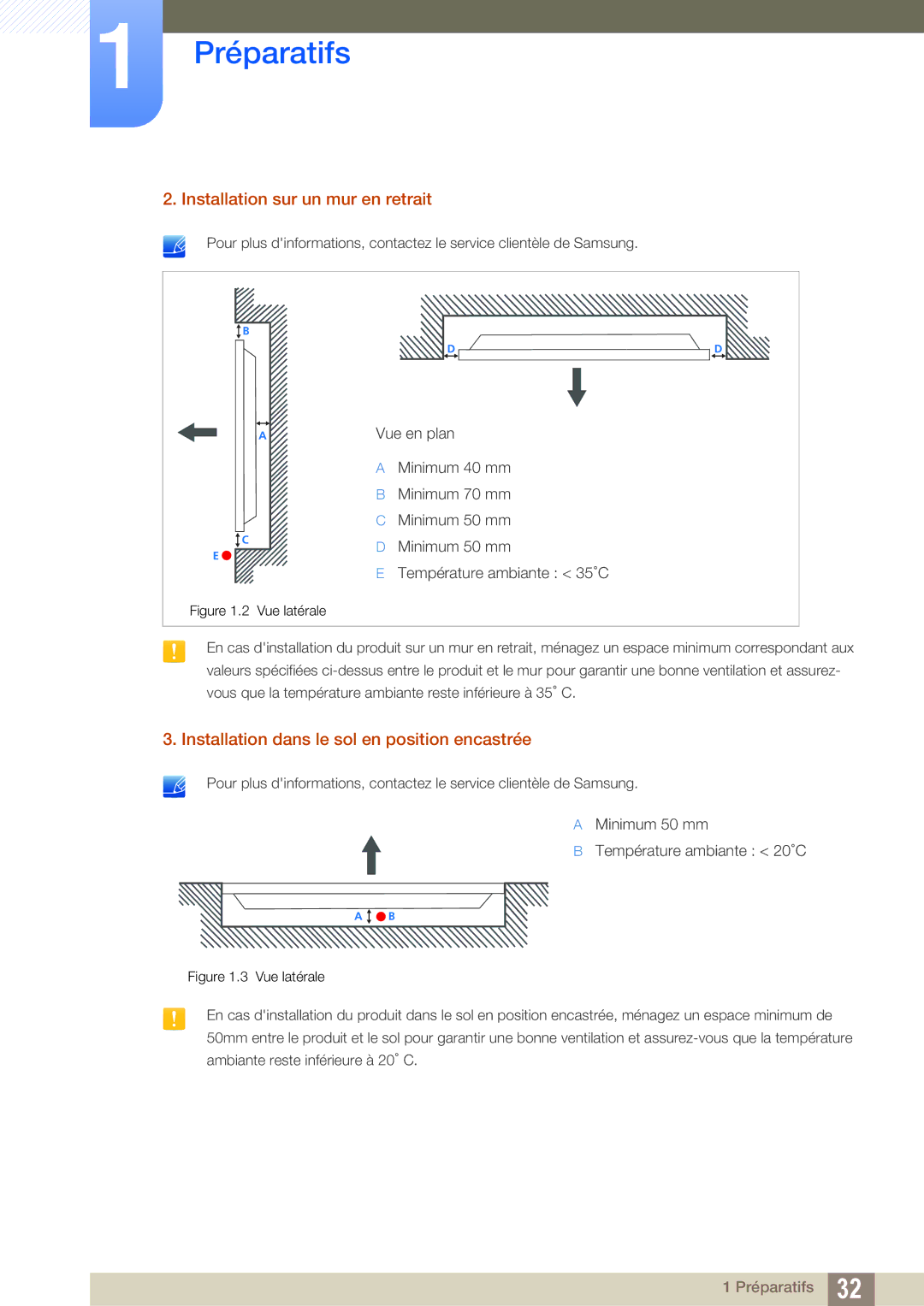 Samsung LH46UEPLGC/EN, LH55UEAPLGC/EN Installation sur un mur en retrait, Installation dans le sol en position encastrée 