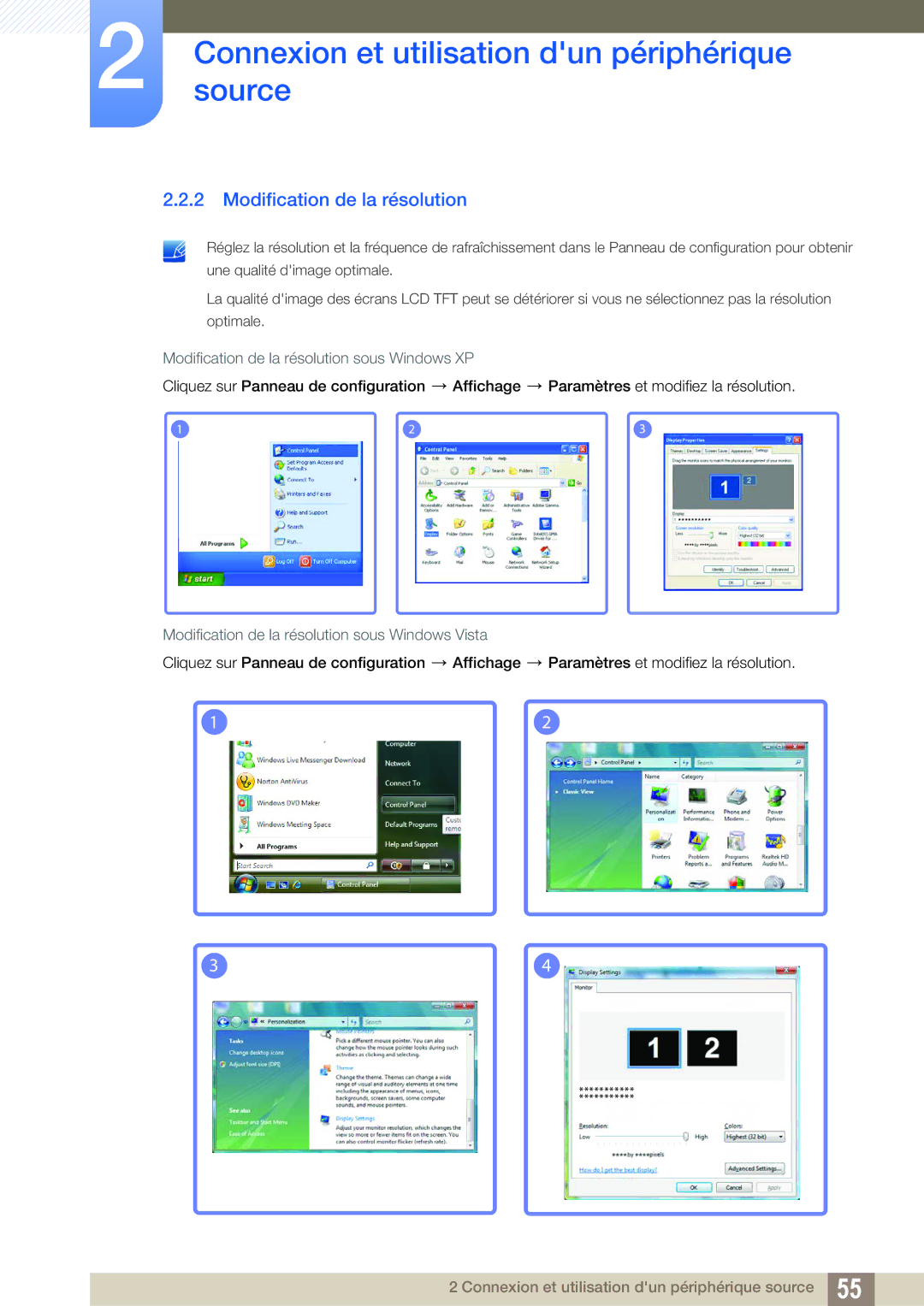 Samsung LH46UEAPLGC/EN Modification de la résolution sous Windows XP, Modification de la résolution sous Windows Vista 