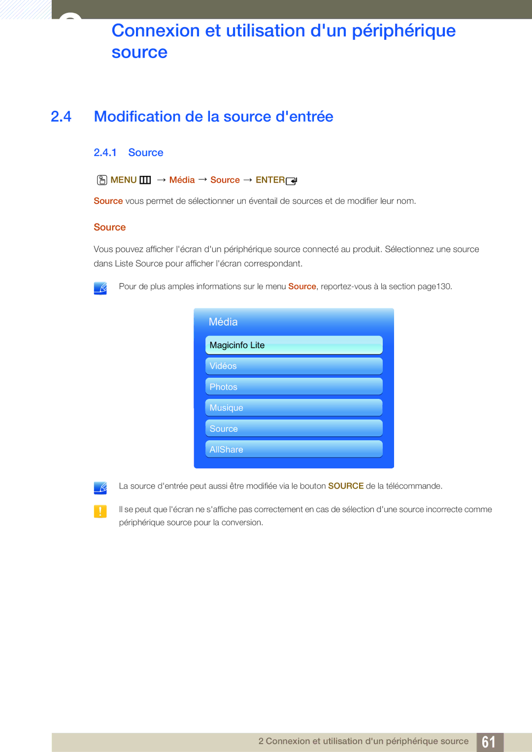 Samsung LH46MEPLGC/EN, LH55UEAPLGC/EN, LH46UEPLGC/EN manual Modification de la source dentrée, Menu m Média Source Enter 