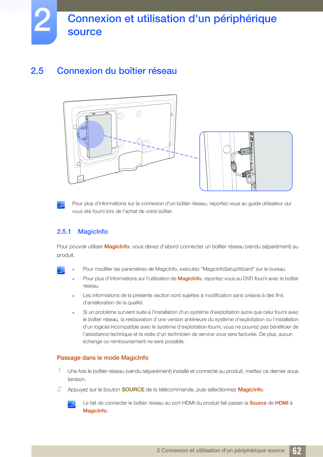 Samsung LH46UEPLGC/EN, LH55UEAPLGC/EN, LH46MEPLGC/EN manual Connexion du boîtier réseau, Passage dans le mode MagicInfo 