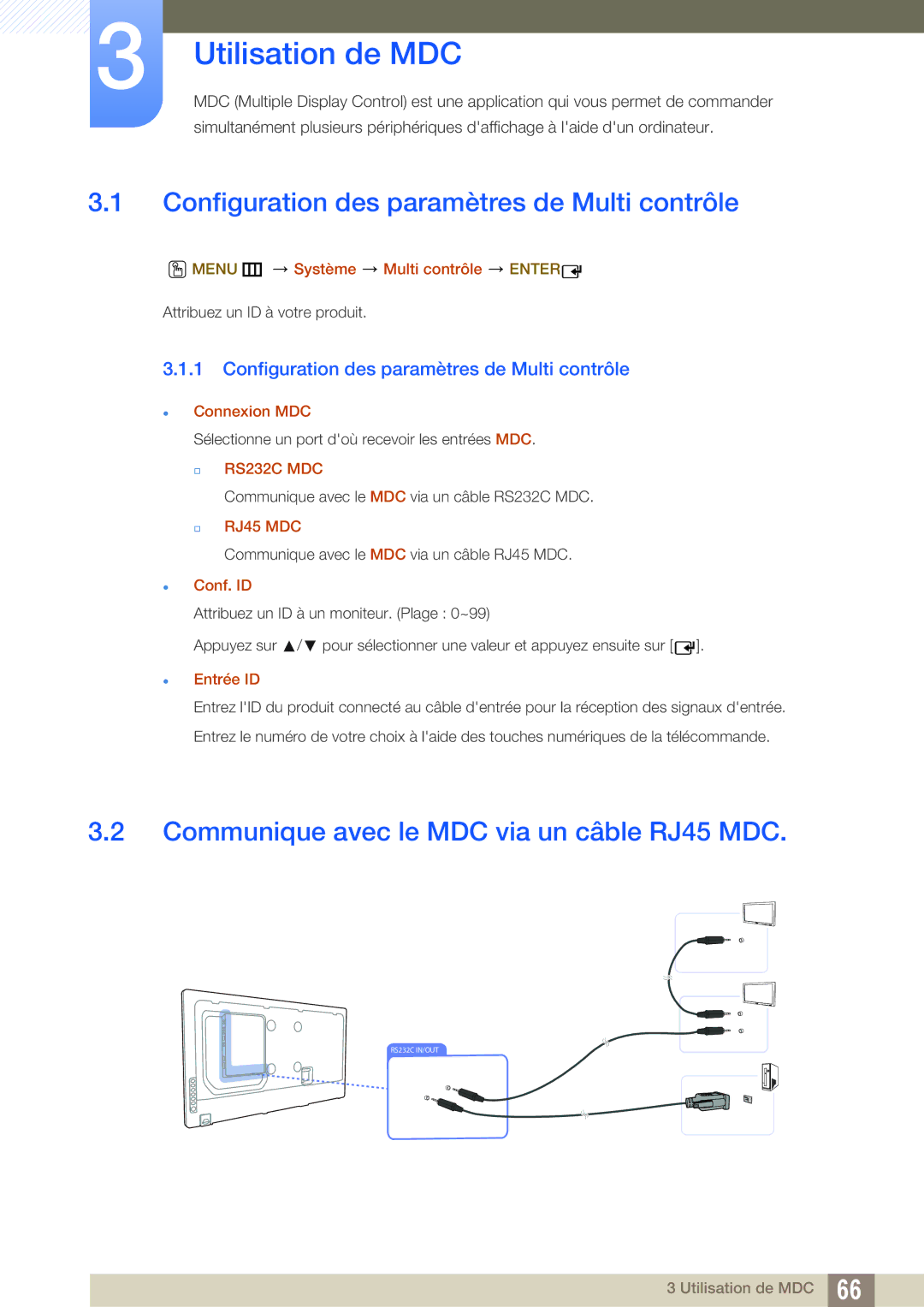 Samsung LH55MEPLGC/EN, LH55UEAPLGC/EN, LH46MEPLGC/EN Utilisation de MDC, Configuration des paramètres de Multi contrôle 