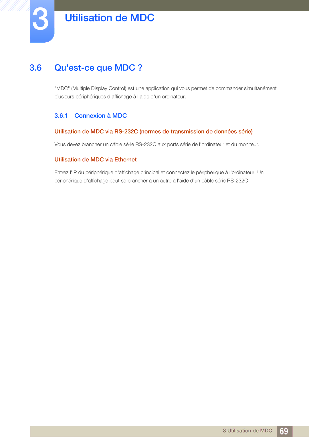 Samsung LH46DEAPLBC/EN, LH55UEAPLGC/EN, LH46MEPLGC/EN Quest-ce que MDC ?, Connexion à MDC, Utilisation de MDC via Ethernet 