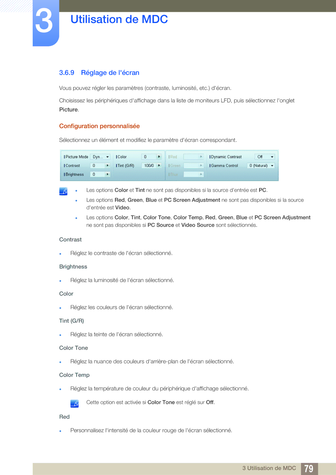 Samsung LH46DEAPLBC/EN, LH55UEAPLGC/EN, LH46MEPLGC/EN, LH46UEPLGC/EN manual 9 Réglage de lécran, Configuration personnalisée 