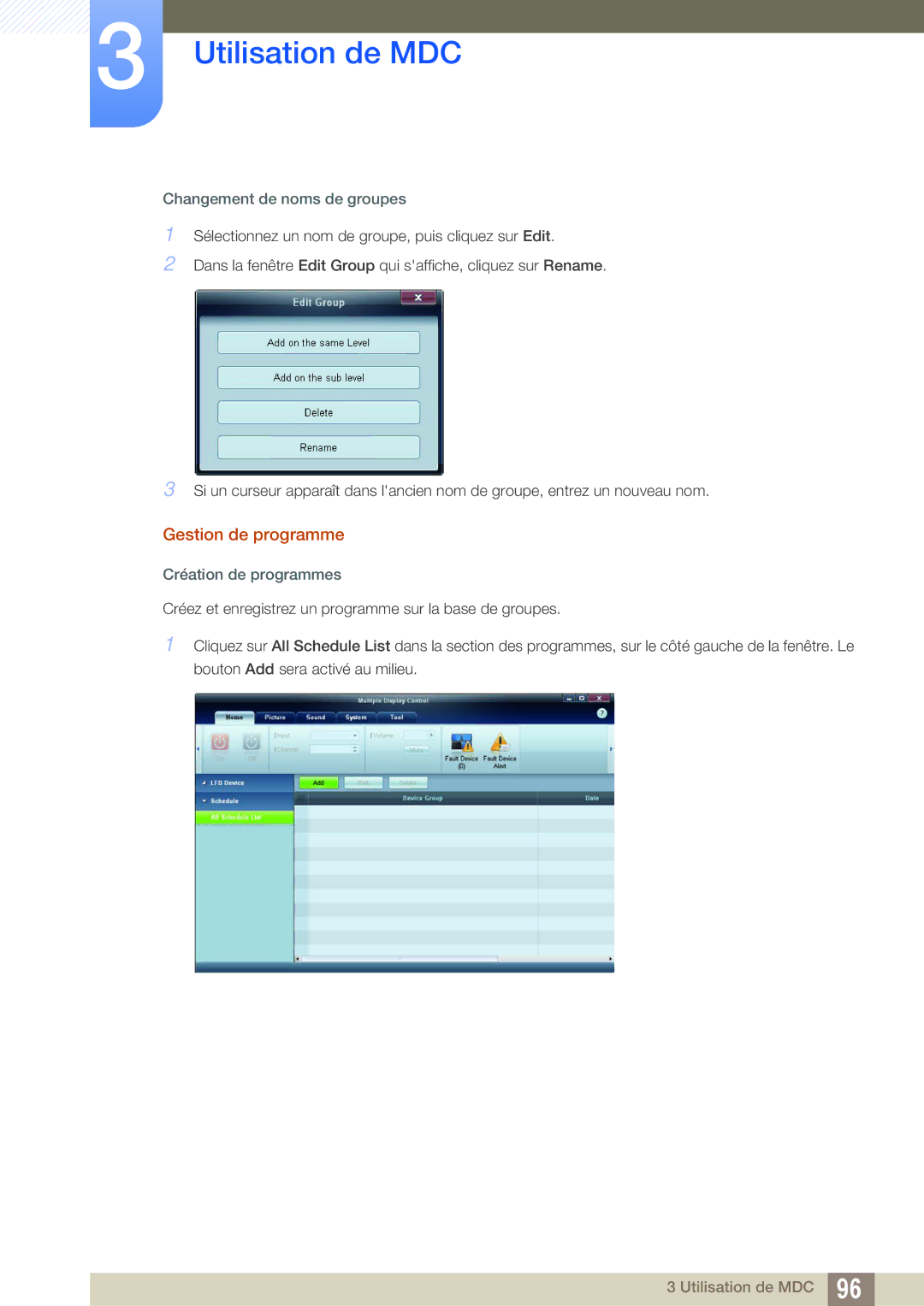 Samsung LH55MEPLGC/EN, LH55UEAPLGC/EN manual Gestion de programme, Changement de noms de groupes, Création de programmes 