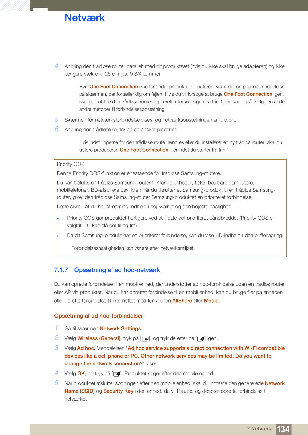 Samsung LH40MEPLGC/EN, LH55UEAPLGC/EN, LH46MEPLGC/EN manual 7 Opsætning af ad hoc-netværk, Opsætning af ad hoc-forbindelser 