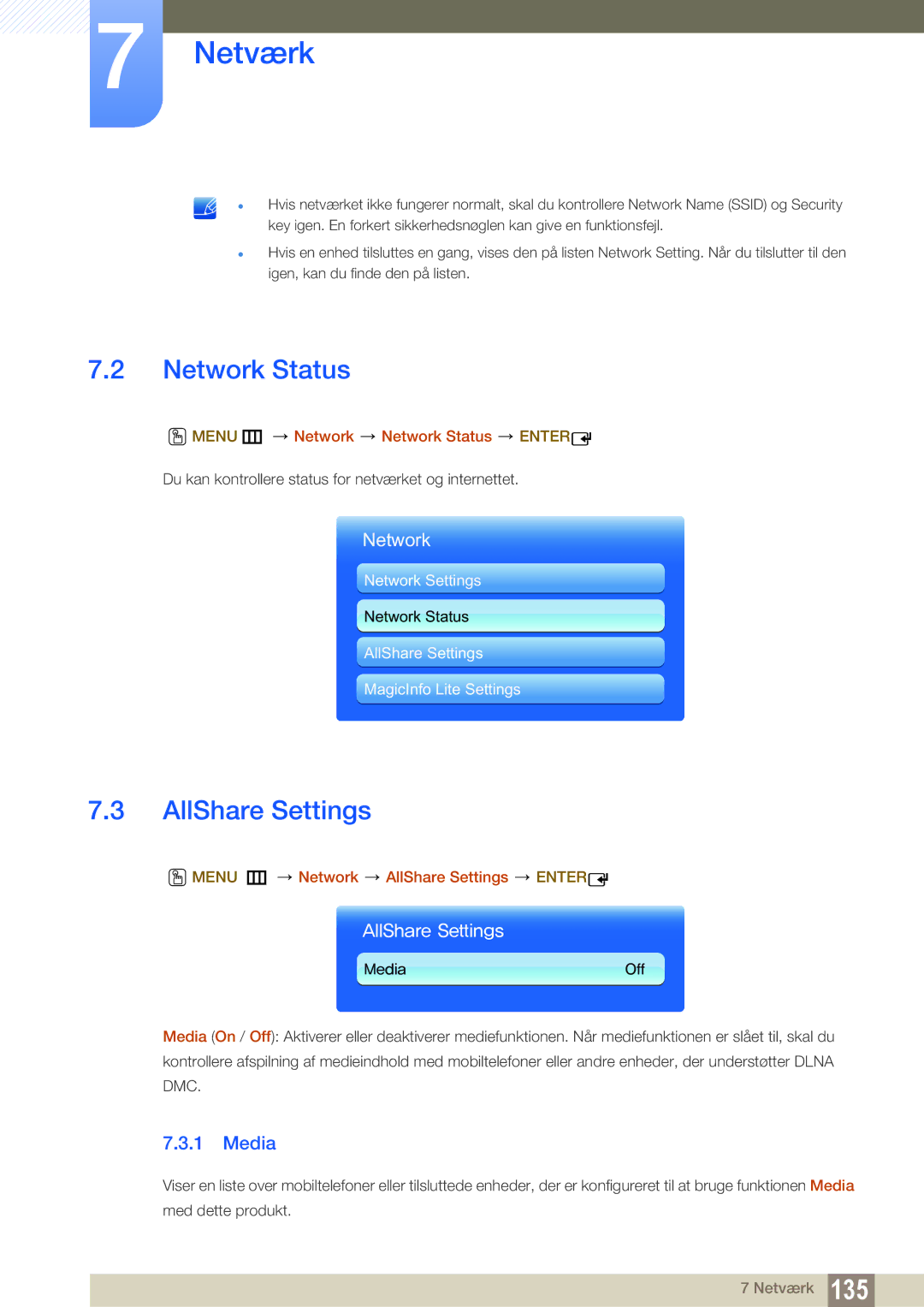 Samsung LH46UEAPLGC/EN, LH55UEAPLGC/EN, LH46MEPLGC/EN AllShare Settings, Media, Menu m Network Network Status Enter 