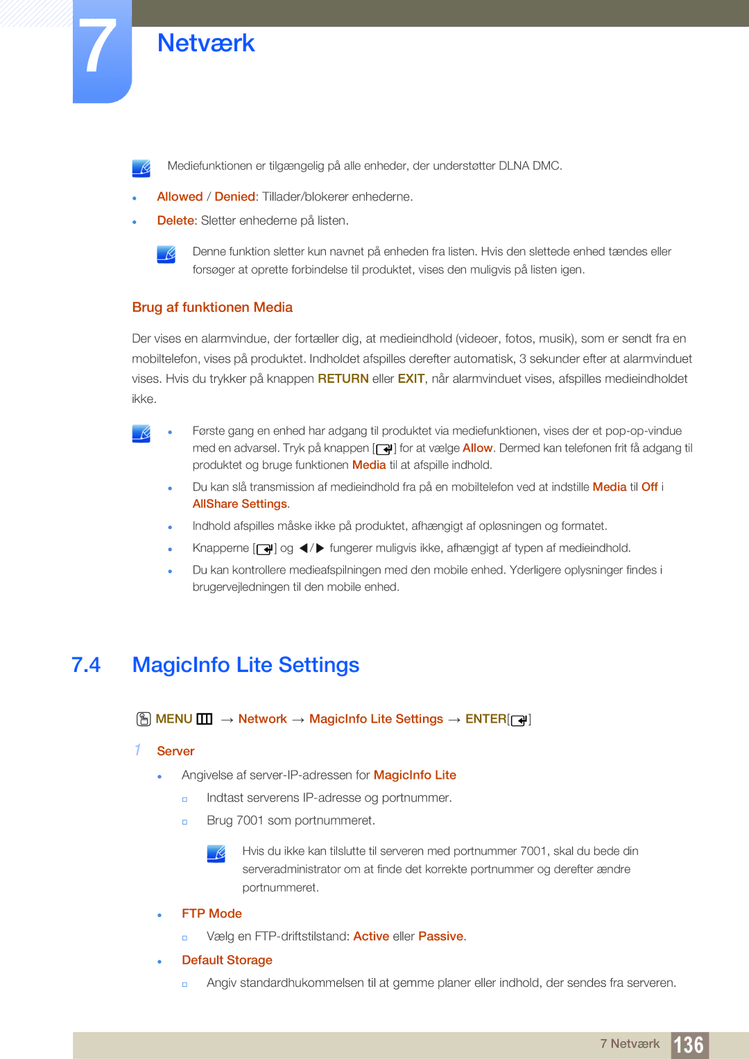 Samsung LH55MEPLGC/EN, LH55UEAPLGC/EN MagicInfo Lite Settings, Brug af funktionen Media,  FTP Mode,  Default Storage 