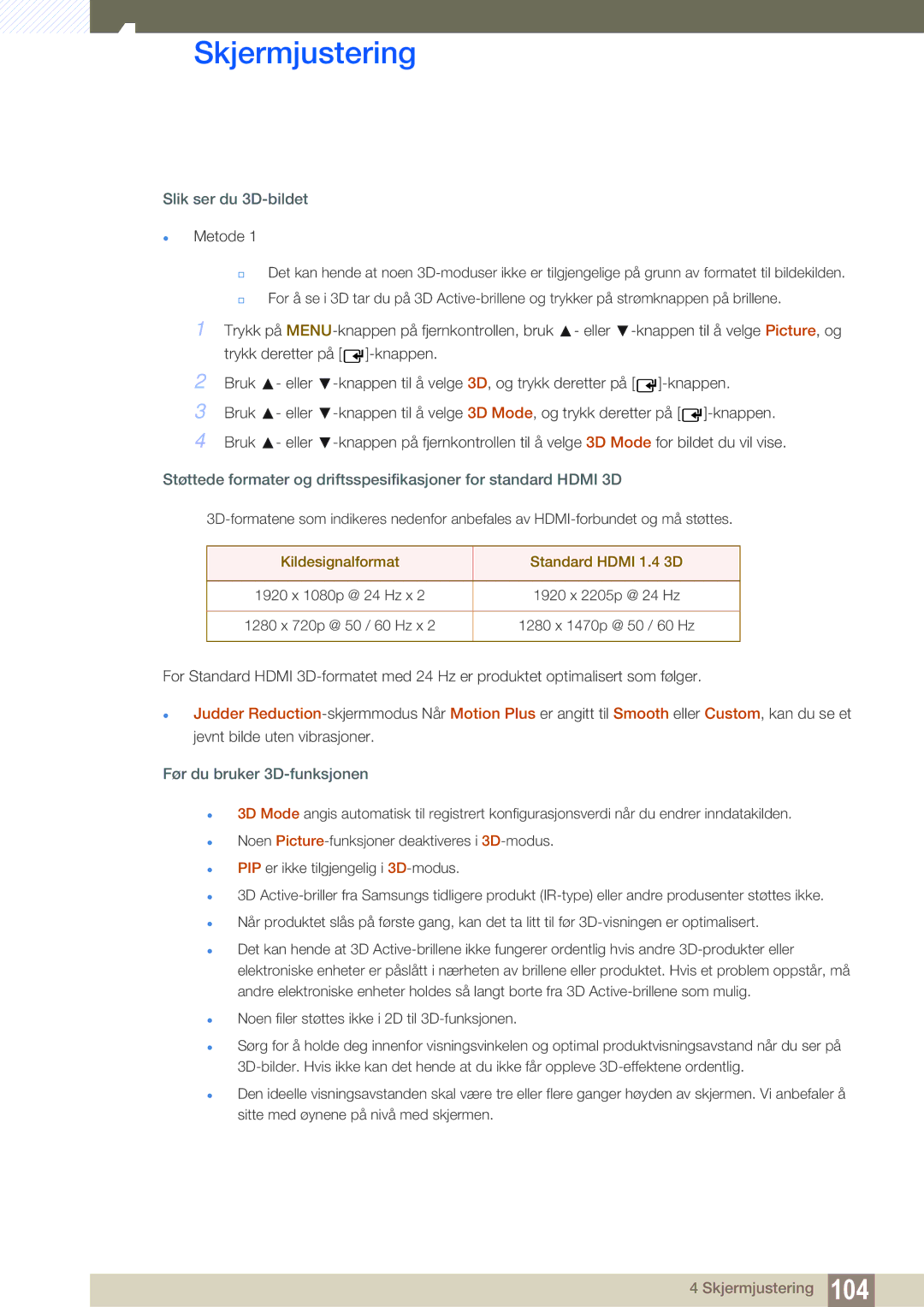 Samsung LH40MEPLGC/EN manual Slik ser du 3D-bildet, Kildesignalformat Standard Hdmi 1.4 3D, Før du bruker 3D-funksjonen 