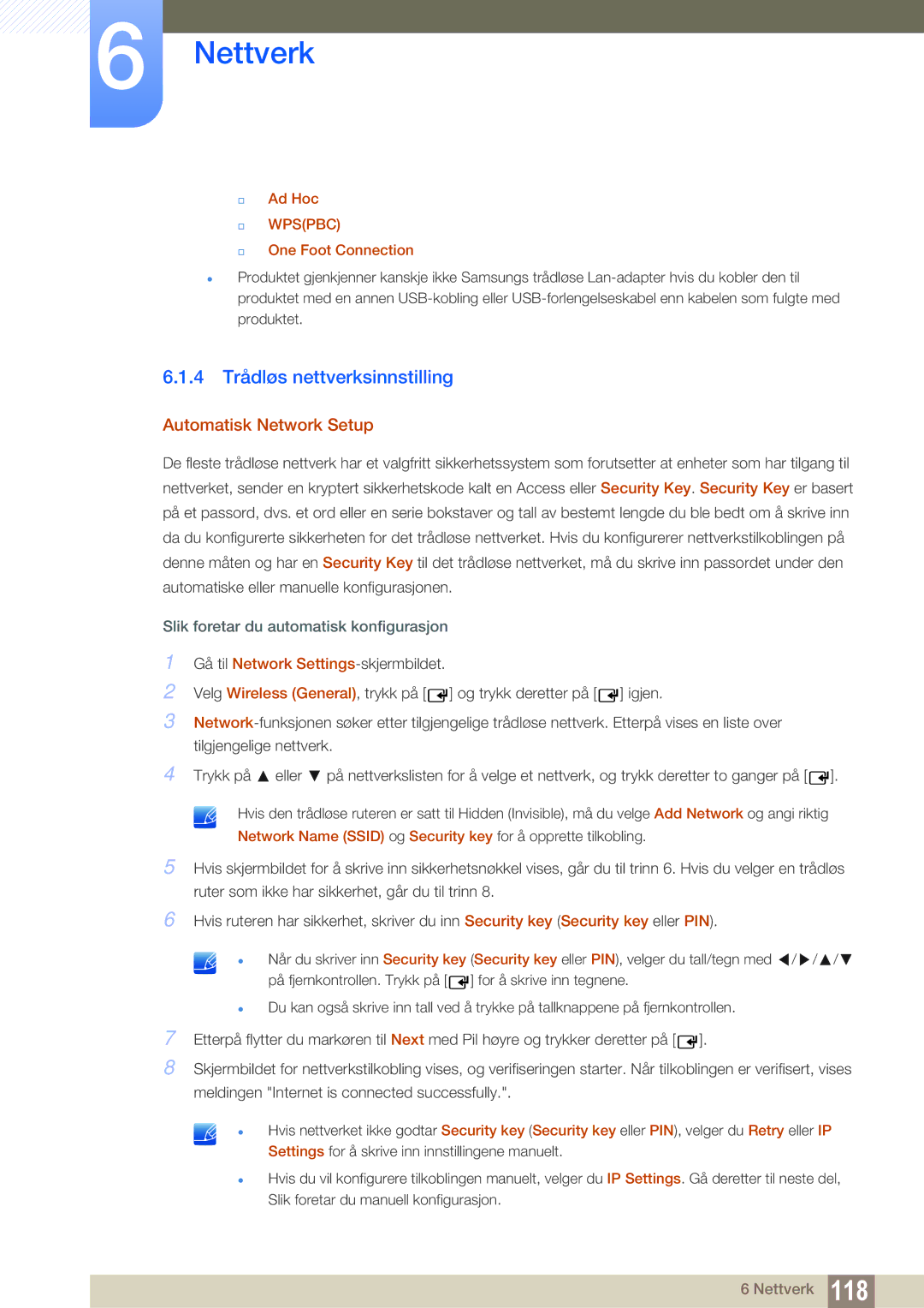 Samsung LH55DEAPLBC/EN manual 4 Trådløs nettverksinnstilling, Automatisk Network Setup, Ad Hoc, One Foot Connection 