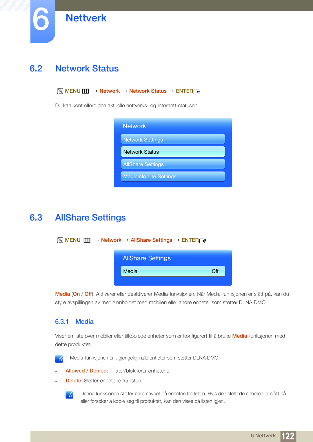 Samsung LH46UEPLGC/EN, LH55UEAPLGC/EN, LH46MEPLGC/EN manual AllShare Settings, Media, Menu m Network Network Status Enter 