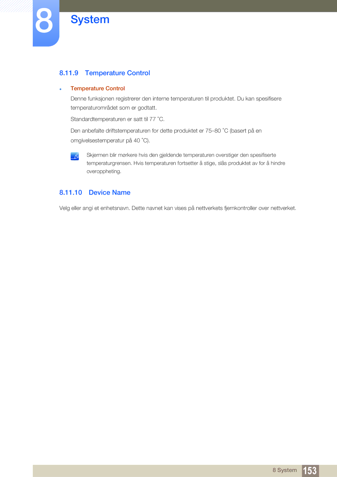 Samsung LH55UEPLGC/EN, LH55UEAPLGC/EN, LH46MEPLGC/EN, LH46UEPLGC/EN, LH40MEPLGC/EN Device Name,  Temperature Control 