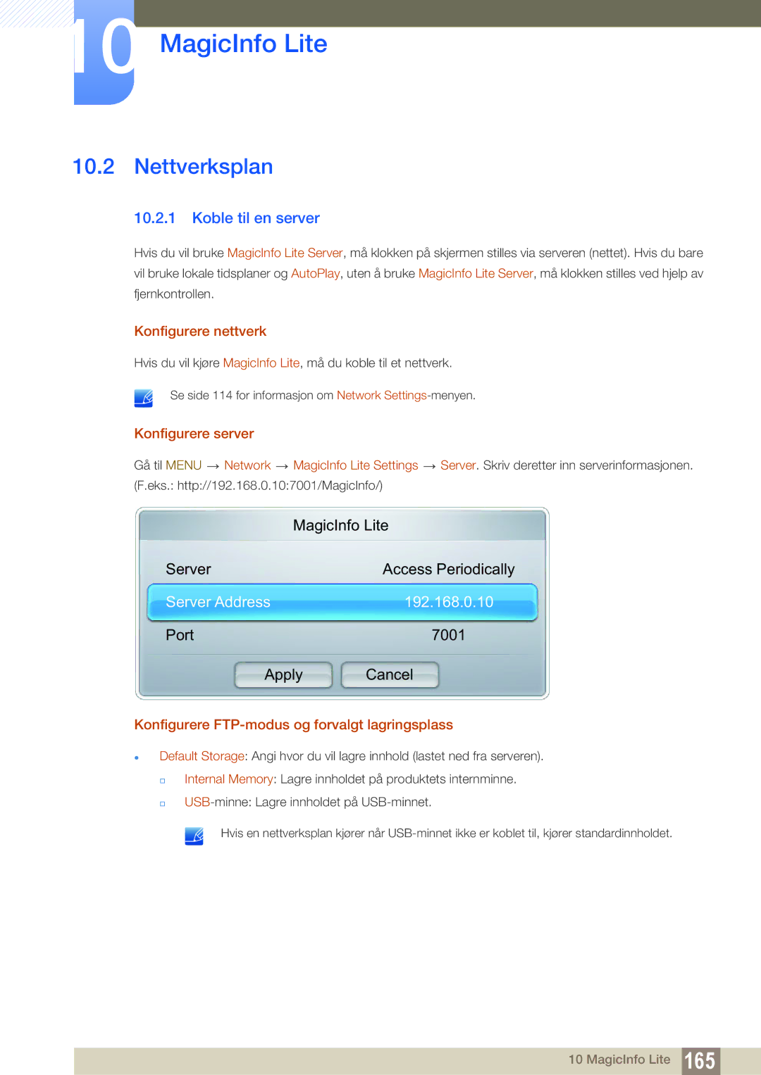 Samsung LH46UEAPLGC/EN, LH55UEAPLGC/EN manual Nettverksplan, Koble til en server, Konfigurere nettverk, Konfigurere server 