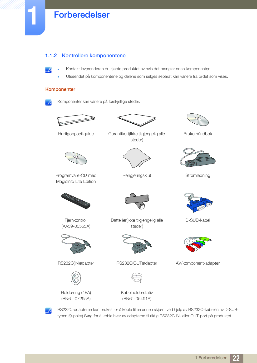 Samsung LH46UEPLGC/EN, LH55UEAPLGC/EN, LH46MEPLGC/EN, LH55UEPLGC/EN, LH40MEPLGC/EN manual Kontrollere komponentene, Komponenter 