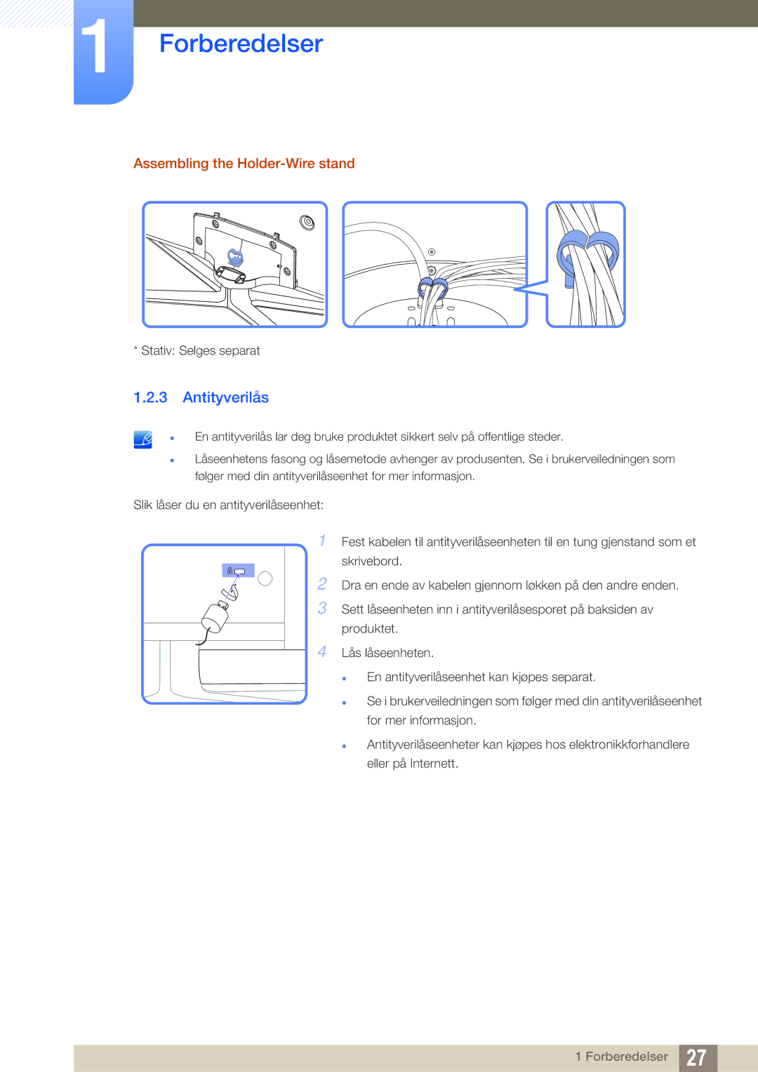 Samsung LH40DEAPLBC/EN, LH55UEAPLGC/EN manual Antityverilås, Assembling the Holder-Wire stand, Stativ Selges separat 