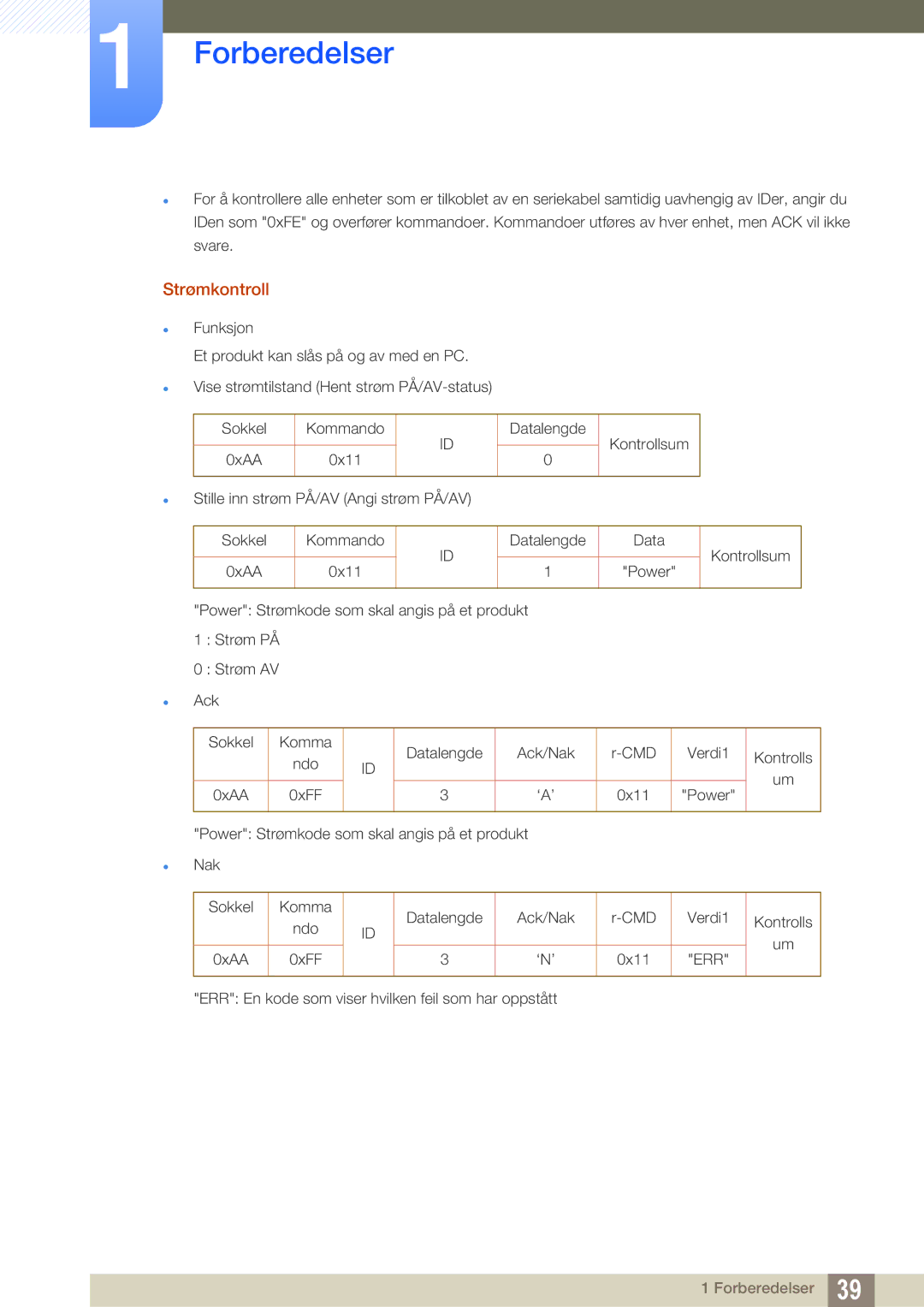 Samsung LH46DEAPLBC/EN, LH55UEAPLGC/EN manual Strømkontroll, ‘N’ 0x11, ERR En kode som viser hvilken feil som har oppstått 