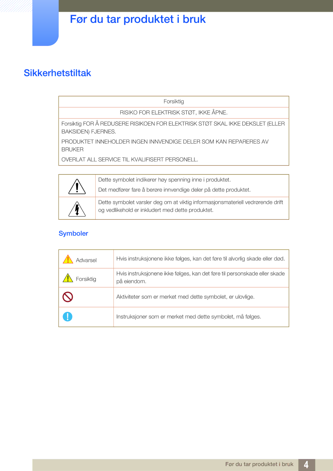 Samsung LH40MEPLGC/EN, LH55UEAPLGC/EN, LH46MEPLGC/EN, LH46UEPLGC/EN, LH55UEPLGC/EN, LH46UEAPLGC/EN Sikkerhetstiltak, Symboler 