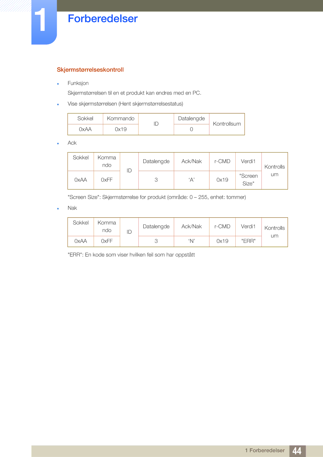 Samsung LH40MEPLGC/EN, LH55UEAPLGC/EN manual Skjermstørrelseskontroll, Datalengde Kontrollsum  Ack Sokkel Komma Ndo 