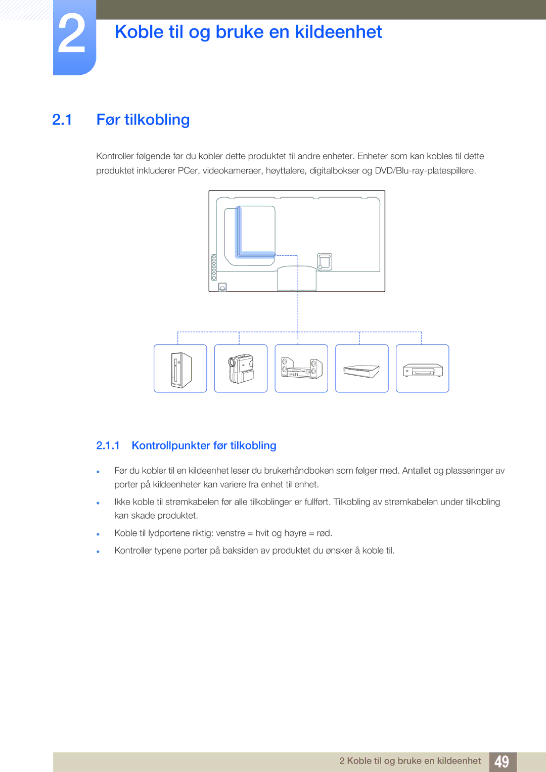 Samsung LH46DEAPLBC/EN, LH55UEAPLGC/EN Koble til og bruke en kildeenhet, Før tilkobling, Kontrollpunkter før tilkobling 