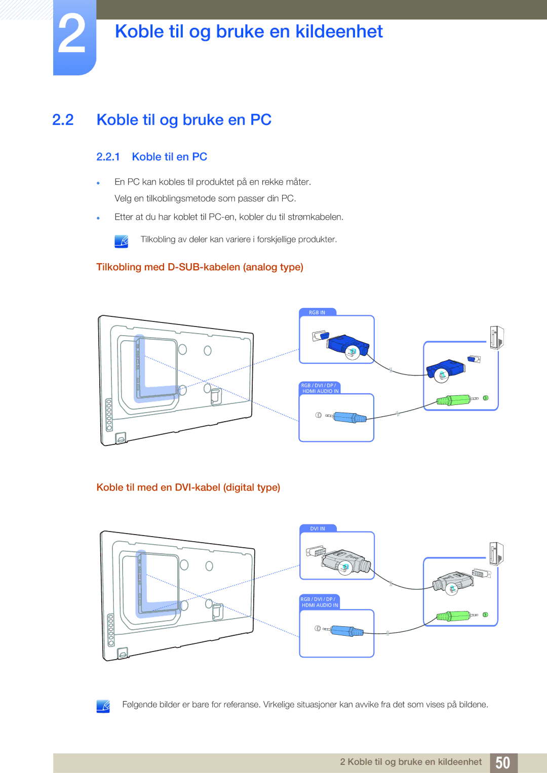 Samsung LH55UEAPLGC/EN, LH46MEPLGC/EN Koble til og bruke en PC, Koble til en PC, Tilkobling med D-SUB-kabelen analog type 