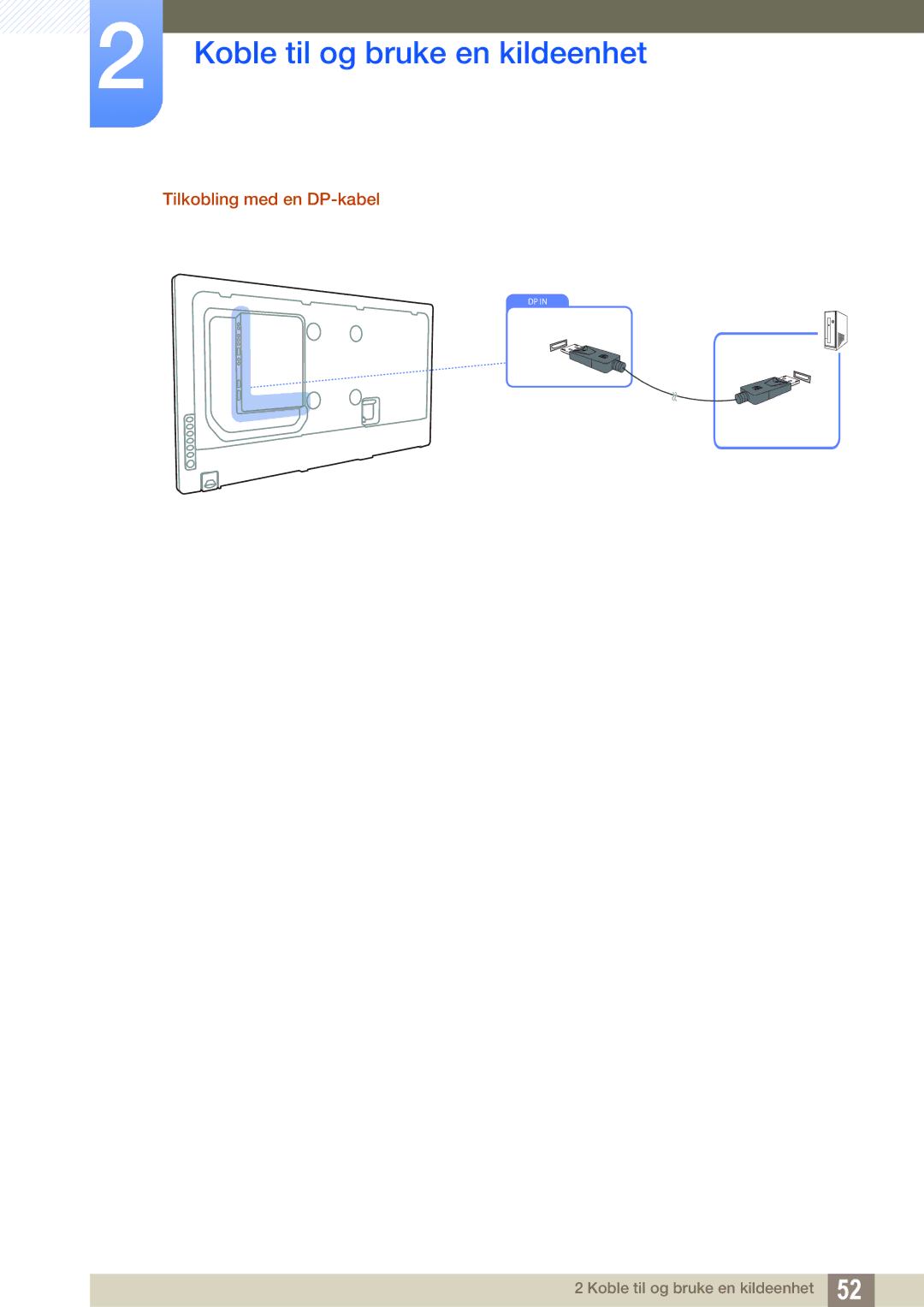 Samsung LH46UEPLGC/EN, LH55UEAPLGC/EN, LH46MEPLGC/EN, LH55UEPLGC/EN, LH40MEPLGC/EN, LH46UEAPLGC/EN Tilkobling med en DP-kabel 