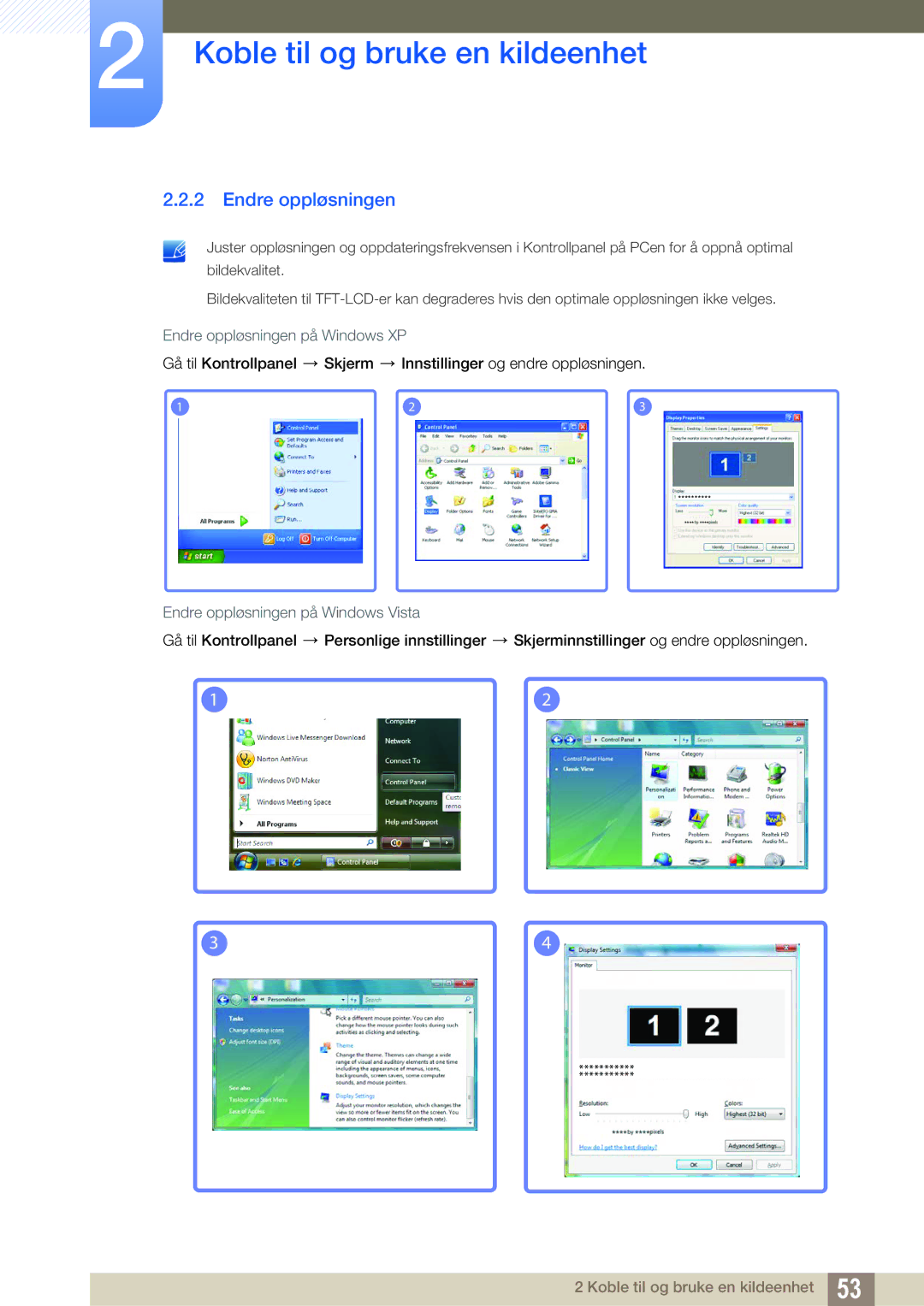 Samsung LH55UEPLGC/EN, LH55UEAPLGC/EN manual Endre oppløsningen på Windows XP, Endre oppløsningen på Windows Vista 