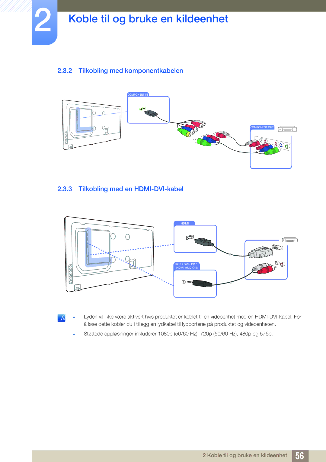 Samsung LH55MEPLGC/EN, LH55UEAPLGC/EN, LH46MEPLGC/EN manual Tilkobling med komponentkabelen, Tilkobling med en HDMI-DVI-kabel 