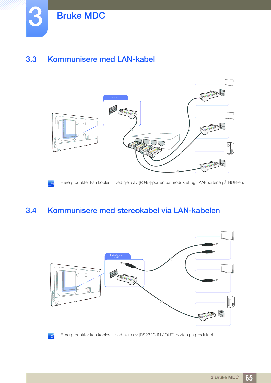 Samsung LH46UEAPLGC/EN, LH55UEAPLGC/EN manual Kommunisere med LAN-kabel, Kommunisere med stereokabel via LAN-kabelen 