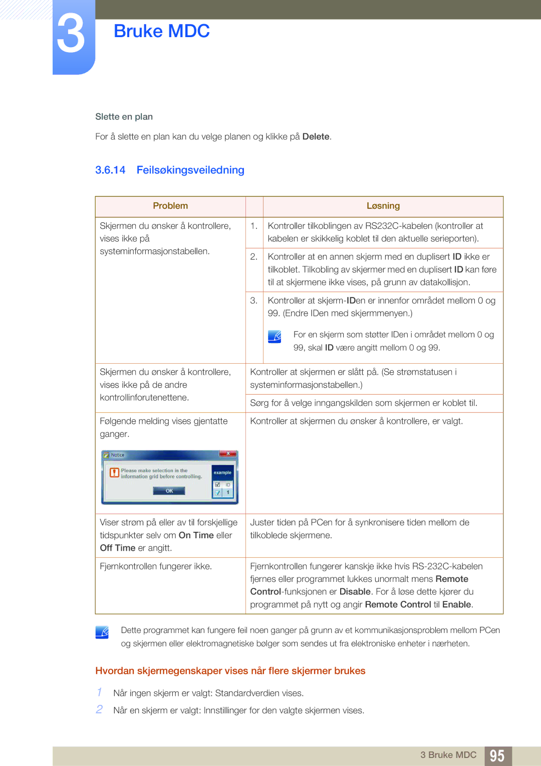 Samsung LH46UEAPLGC/EN Feilsøkingsveiledning, Hvordan skjermegenskaper vises når flere skjermer brukes, Slette en plan 