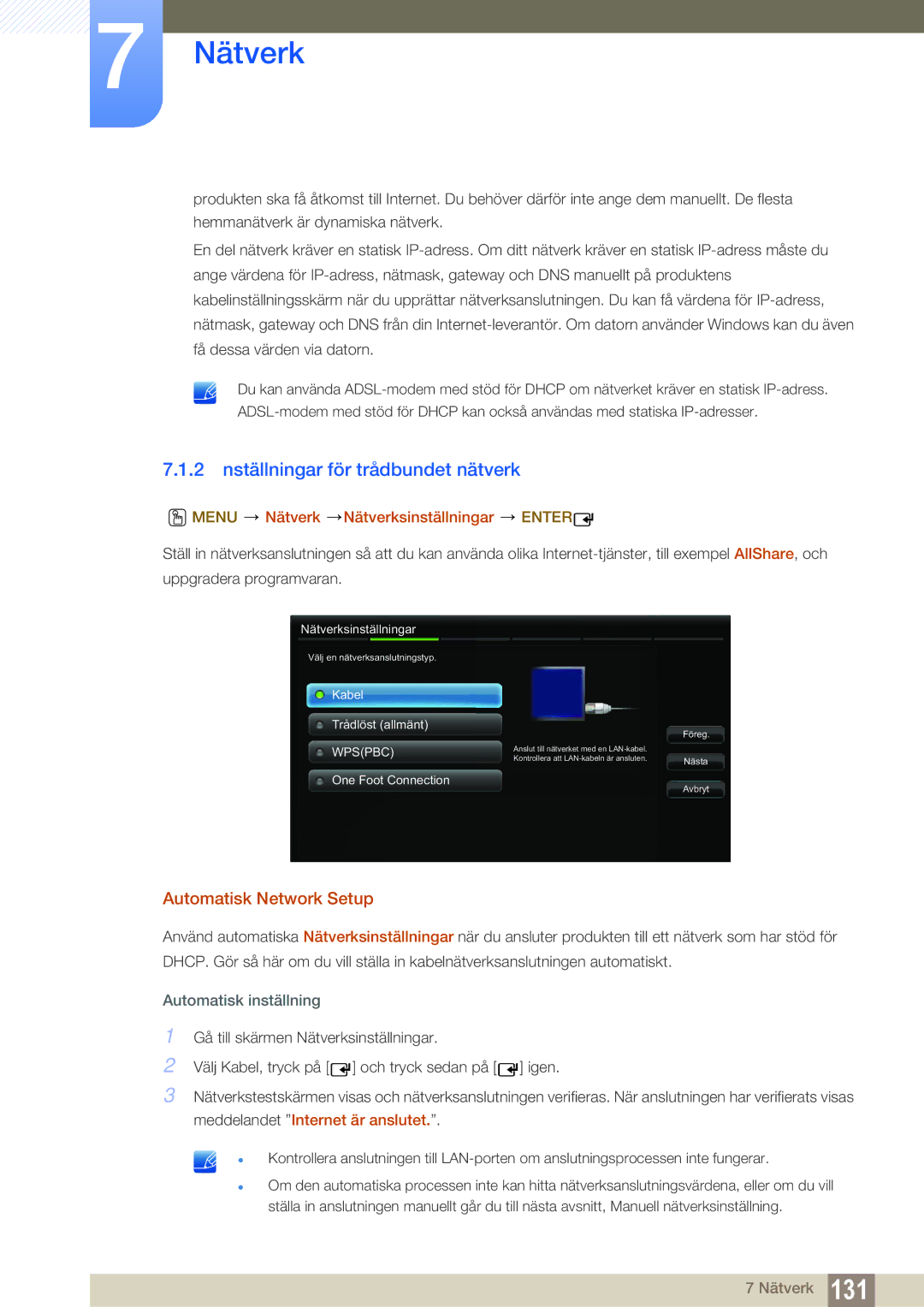 Samsung LH46MEPLGC/EN manual 2 nställningar för trådbundet nätverk, Automatisk Network Setup, Automatisk inställning 