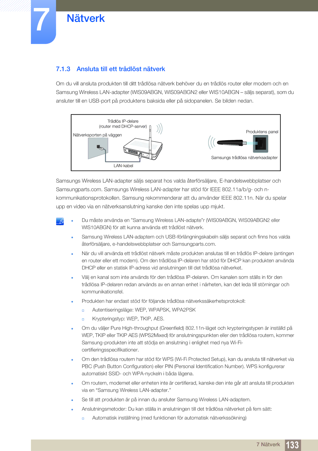 Samsung LH55UEPLGC/EN, LH55UEAPLGC/EN, LH46MEPLGC/EN, LH46UEPLGC/EN, LH40MEPLGC/EN manual Ansluta till ett trådlöst nätverk 