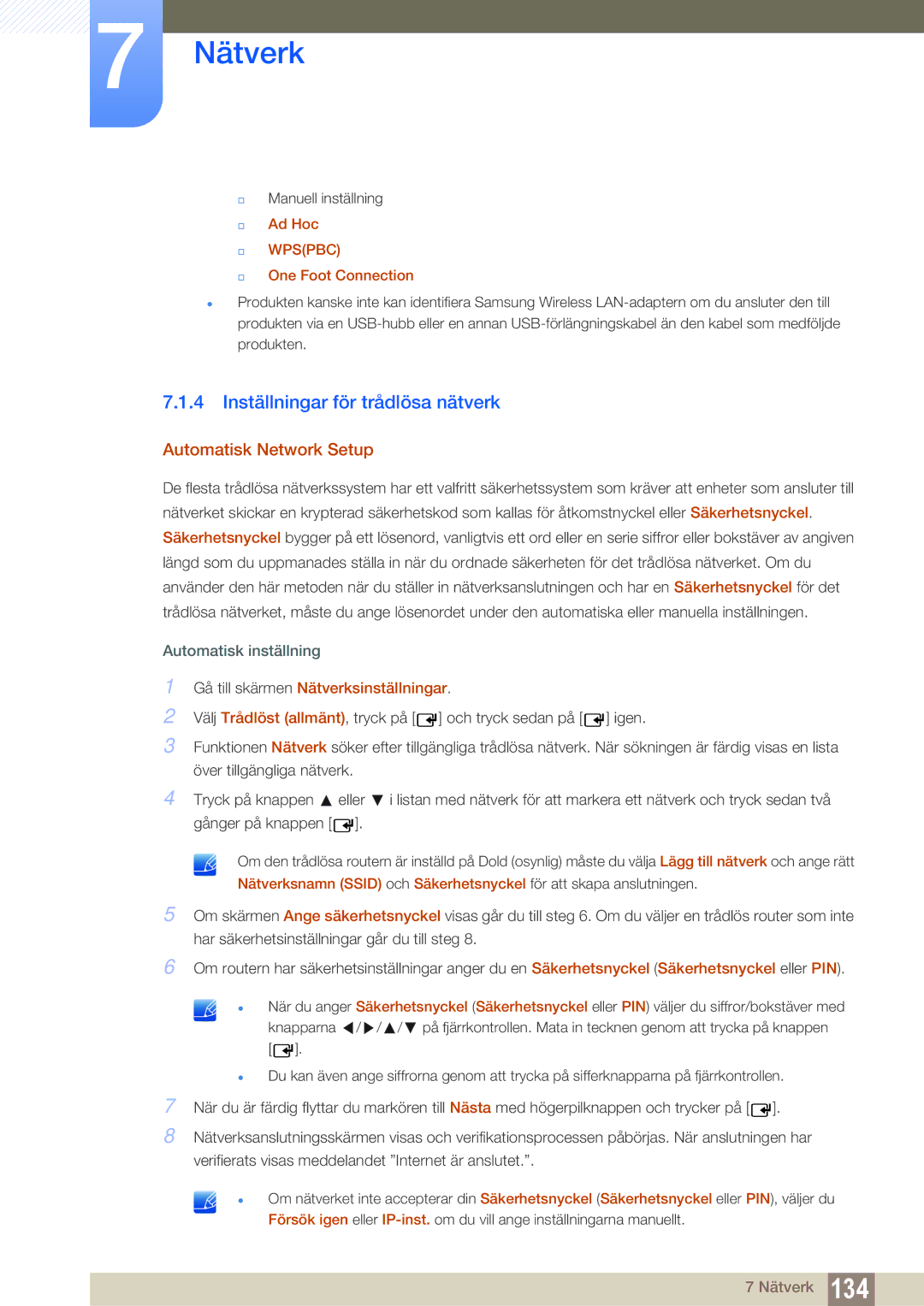 Samsung LH40MEPLGC/EN, LH55UEAPLGC/EN, LH46MEPLGC/EN manual Inställningar för trådlösa nätverk, Ad Hoc, One Foot Connection 