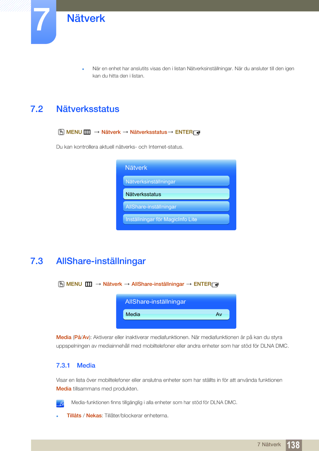 Samsung LH55DEAPLBC/EN, LH55UEAPLGC/EN manual AllShare-inställningar, Media, Menu m Nätverk Nätverksstatus Enter 