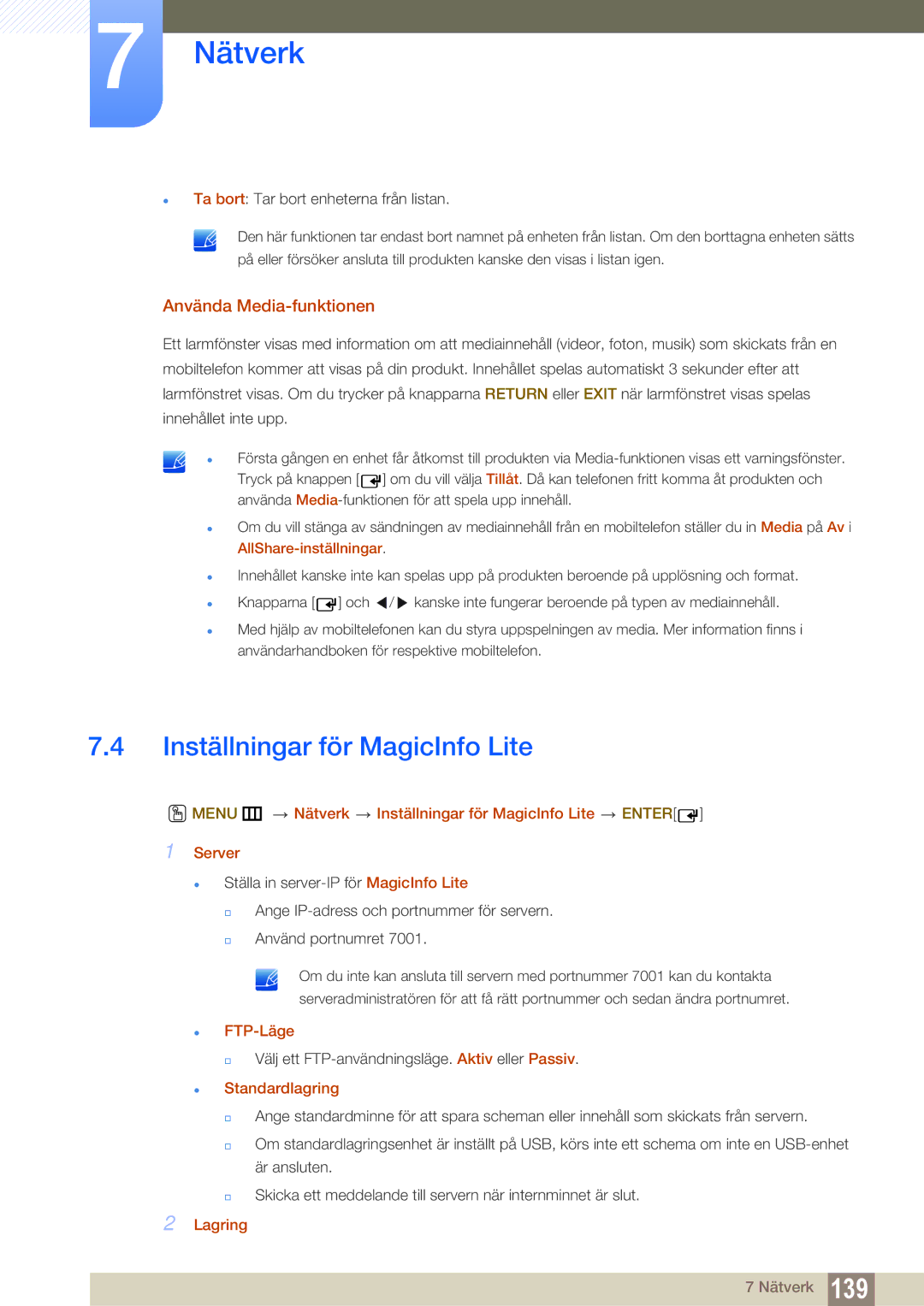 Samsung LH46DEAPLBC/EN Inställningar för MagicInfo Lite, Använda Media-funktionen,  FTP-Läge,  Standardlagring, Lagring 