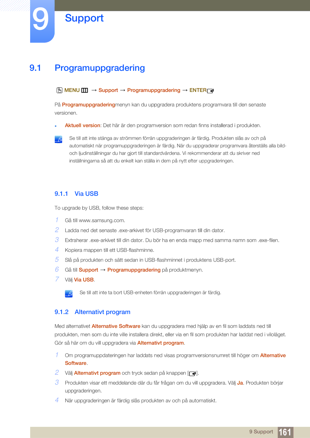 Samsung LH46MEPLGC/EN, LH55UEAPLGC/EN manual Via USB, Alternativt program, Menu m Support Programuppgradering Enter 