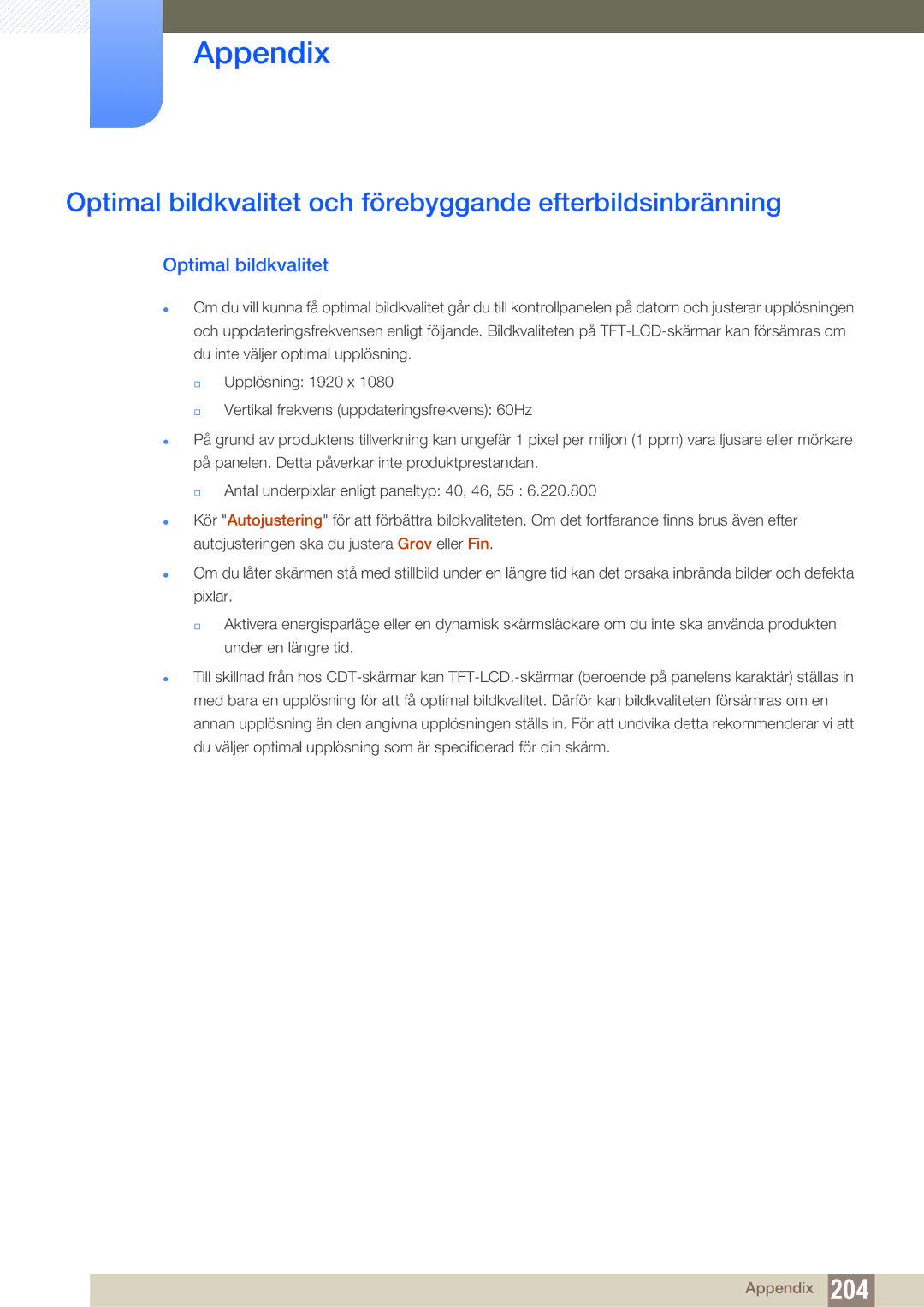 Samsung LH40MEPLGC/EN, LH55UEAPLGC/EN, LH46MEPLGC/EN manual Optimal bildkvalitet och förebyggande efterbildsinbränning 