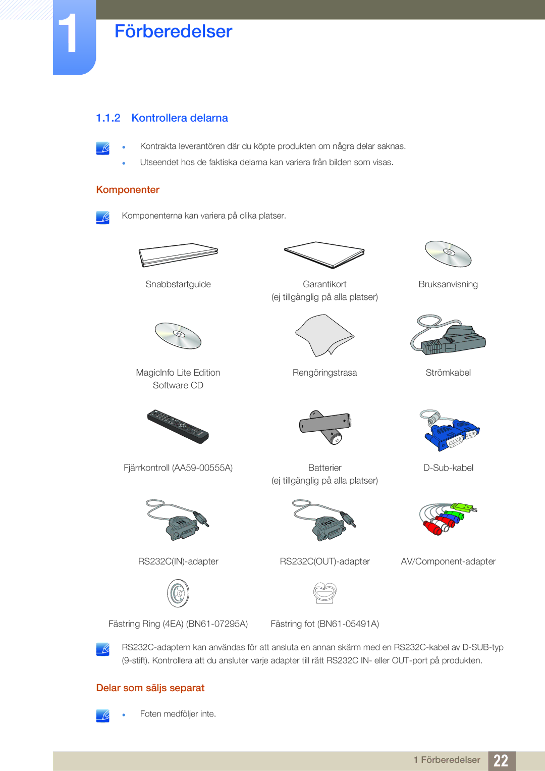 Samsung LH46UEPLGC/EN, LH55UEAPLGC/EN, LH46MEPLGC/EN manual Kontrollera delarna, Komponenter, Delar som säljs separat 