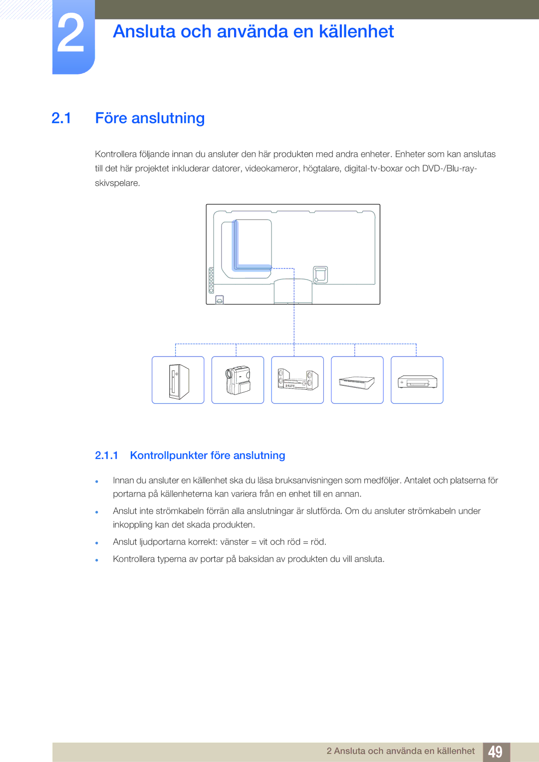 Samsung LH46DEAPLBC/EN, LH55UEAPLGC/EN Ansluta och använda en källenhet, Före anslutning, Kontrollpunkter före anslutning 