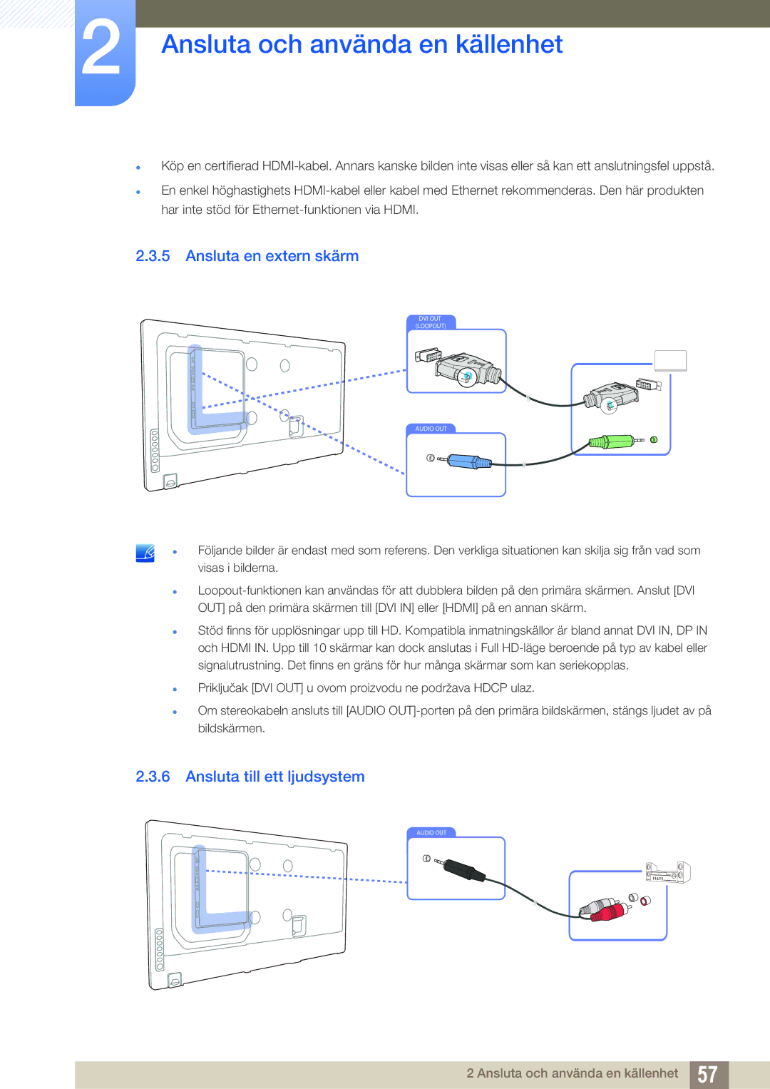 Samsung LH40DEAPLBC/EN, LH55UEAPLGC/EN, LH46MEPLGC/EN, LH46UEPLGC/EN Ansluta en extern skärm, Ansluta till ett ljudsystem 