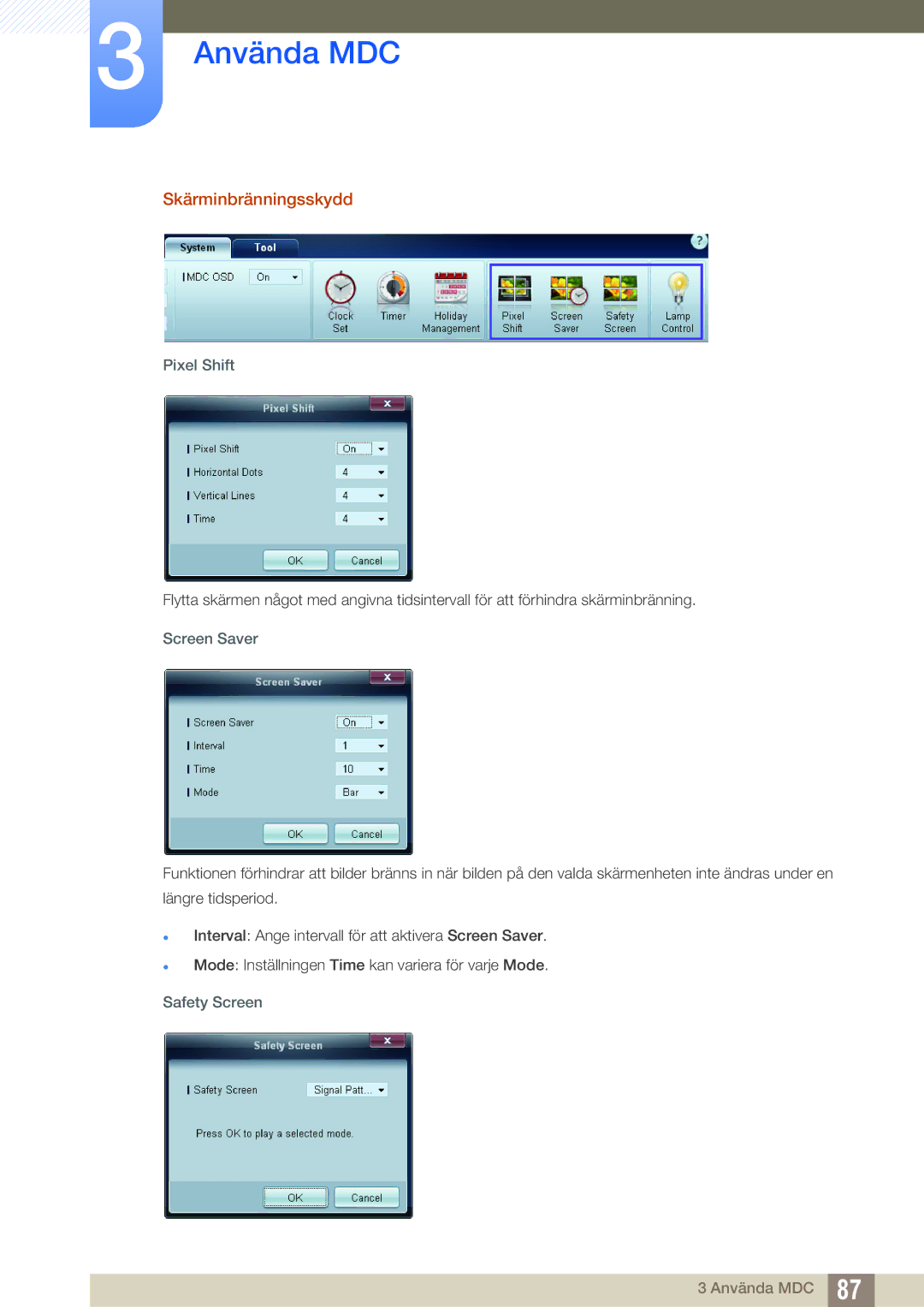 Samsung LH40DEAPLBC/EN, LH55UEAPLGC/EN, LH46MEPLGC/EN manual Skärminbränningsskydd, Pixel Shift, Screen Saver, Safety Screen 