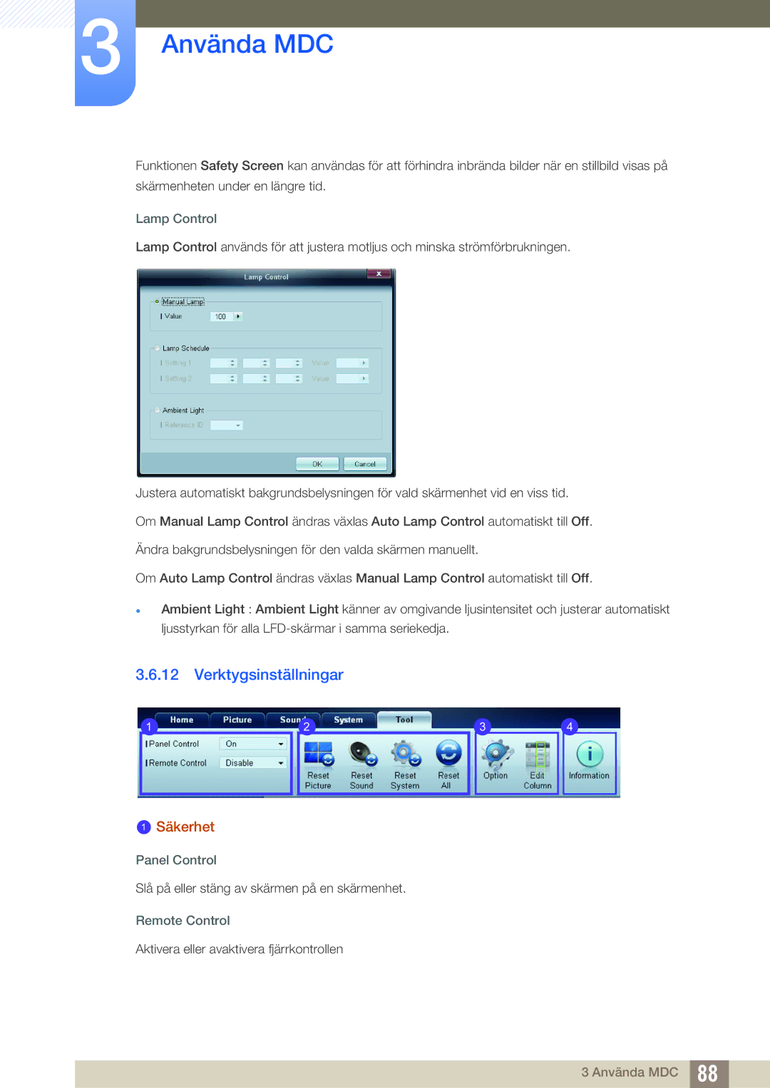 Samsung LH55DEAPLBC/EN, LH55UEAPLGC/EN, LH46MEPLGC/EN Verktygsinställningar, Lamp Control, Panel Control, Remote Control 