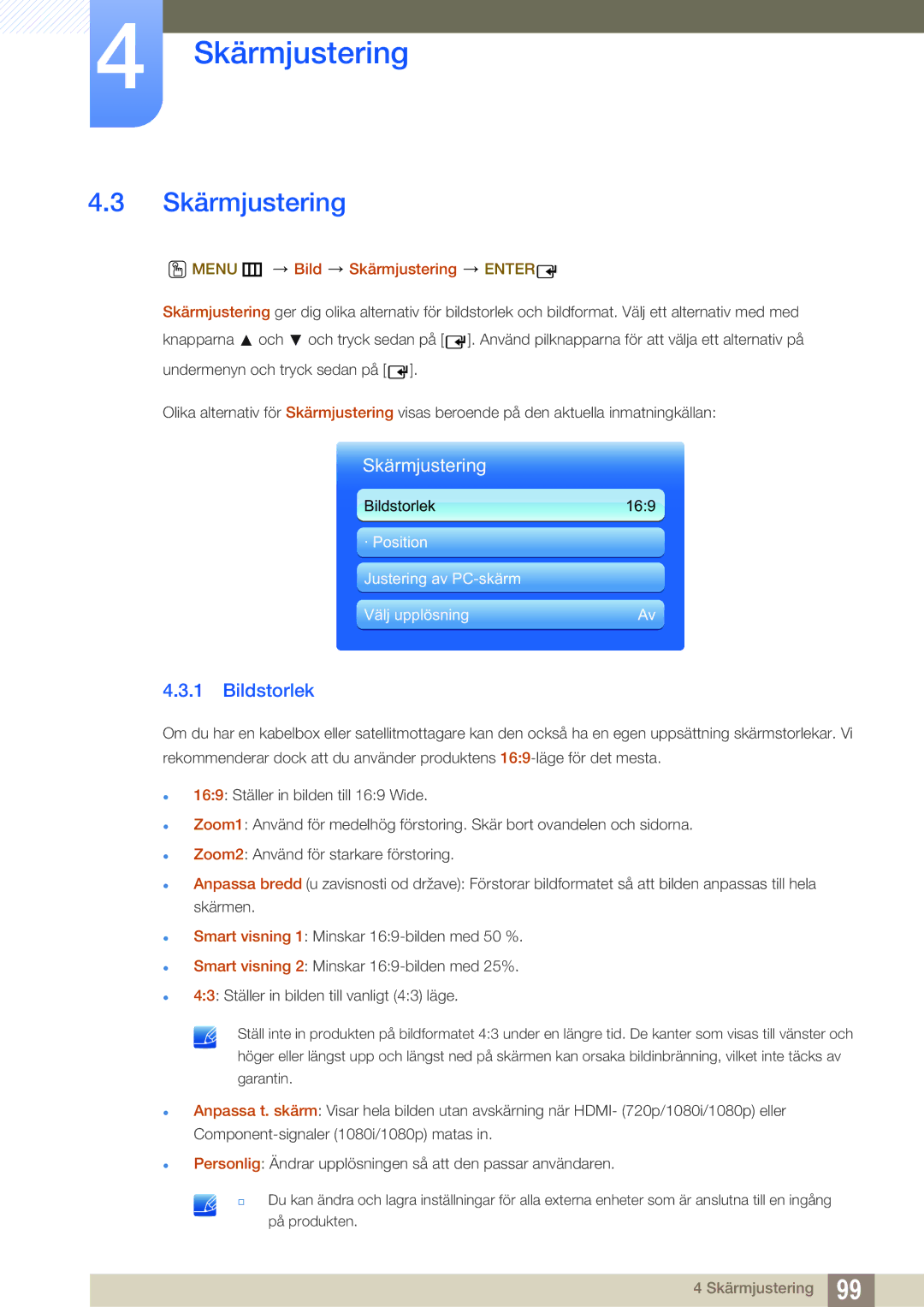 Samsung LH46DEAPLBC/EN, LH55UEAPLGC/EN, LH46MEPLGC/EN, LH46UEPLGC/EN manual Bildstorlek, Menu m Bild Skärmjustering Enter 