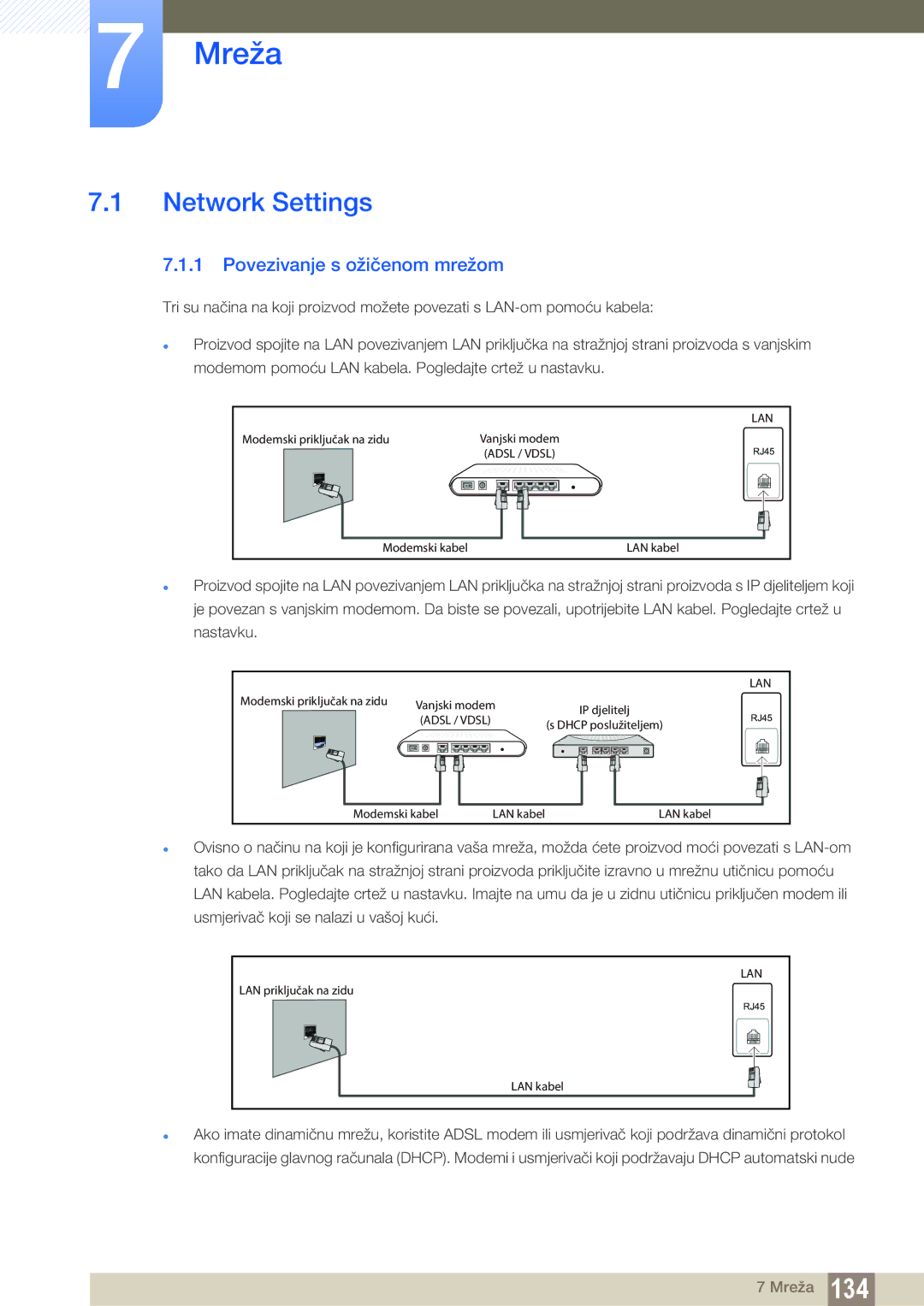 Samsung LH46UEPLGC/EN, LH55UEAPLGC/EN, LH55MEBPLGC/EN, LH46UEAPLGC/EN Mreža, Network Settings, Povezivanje s ožičenom mrežom 