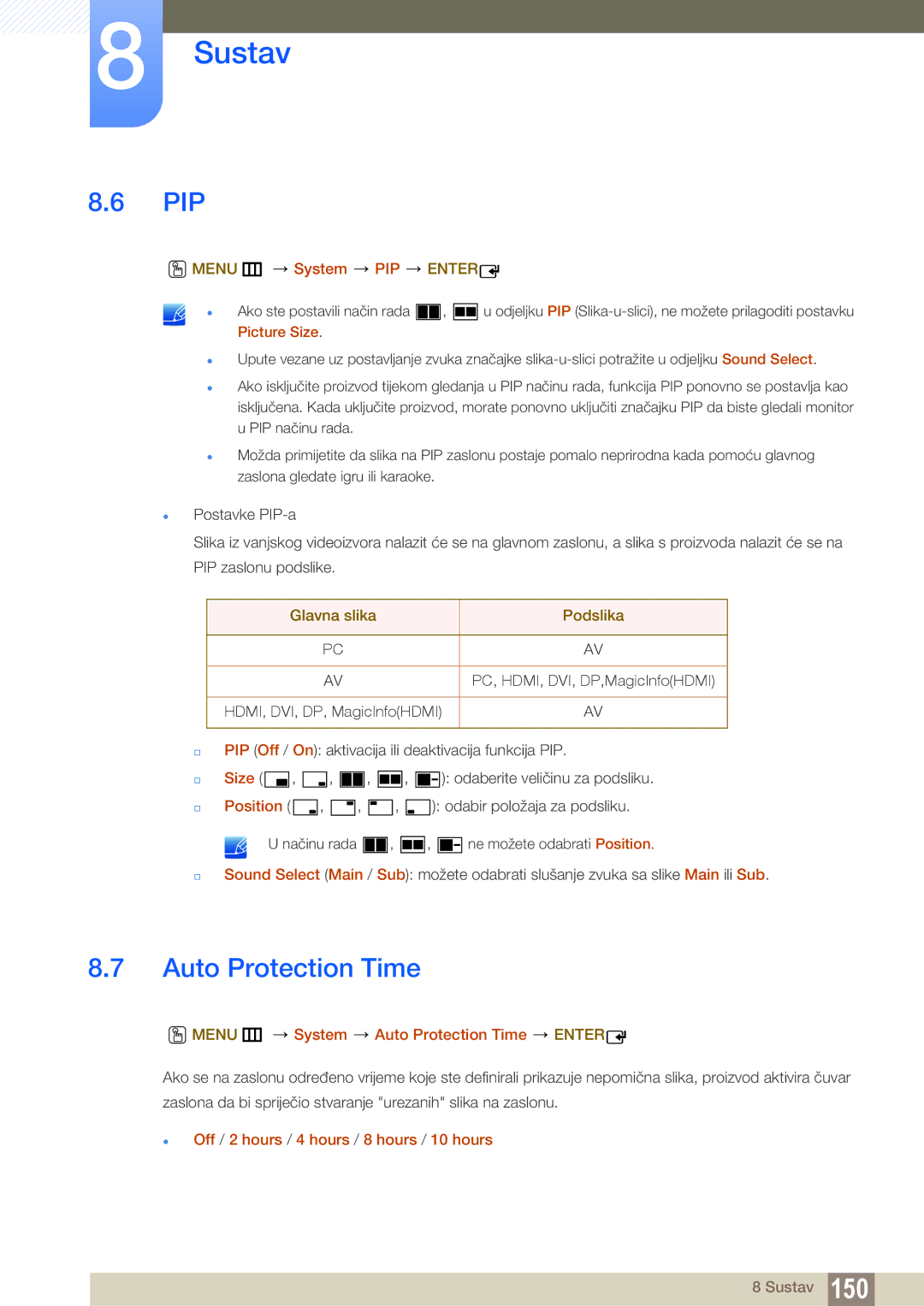 Samsung LH46UEAPLGC/EN, LH55UEAPLGC/EN manual Pip, Menu m System PIP Enter, Menu m System Auto Protection Time Enter 