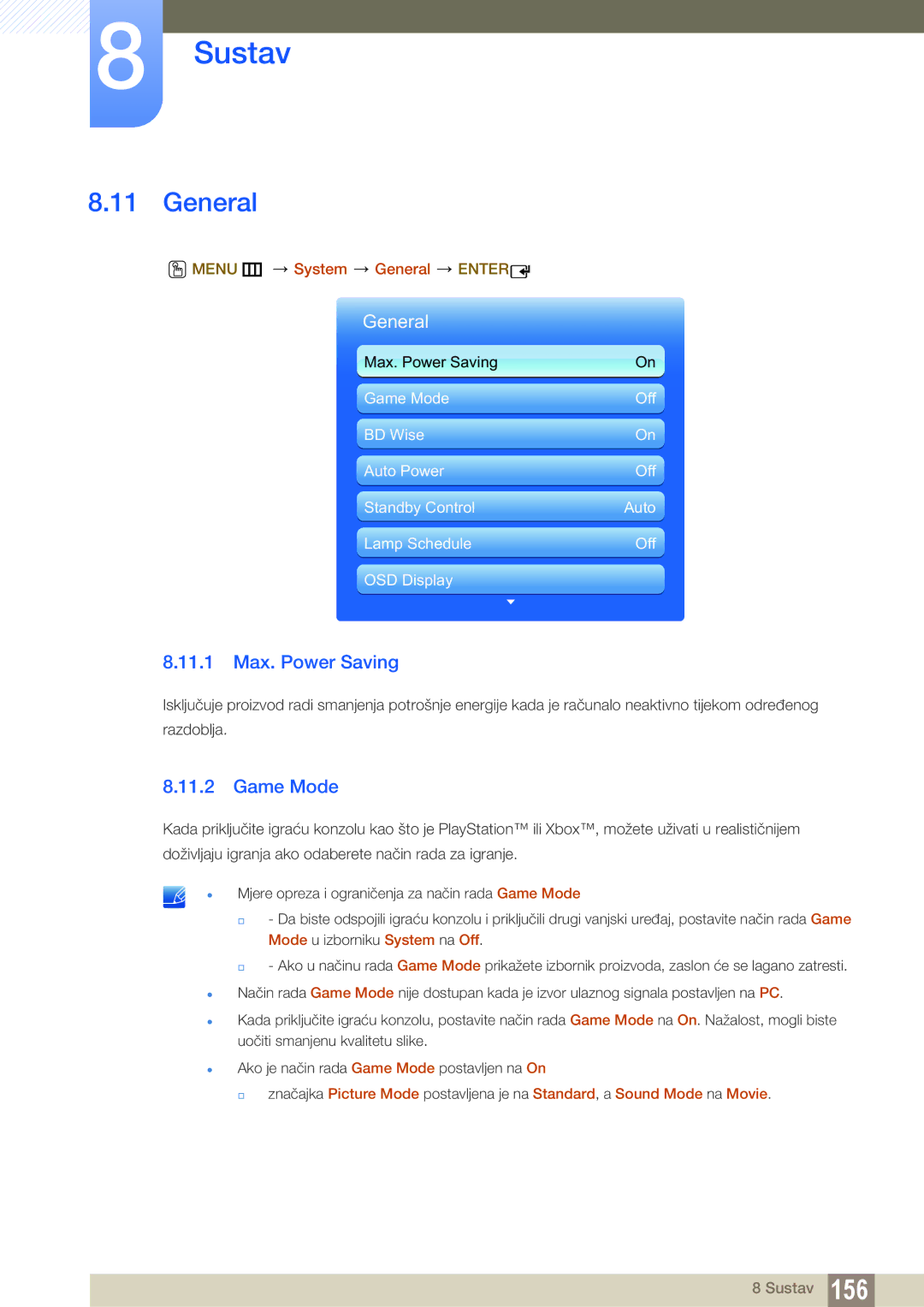 Samsung LH55MEBPLGC/EN, LH55UEAPLGC/EN, LH46UEPLGC/EN 11.1 Max. Power Saving, Game Mode, Menu m System General Enter 