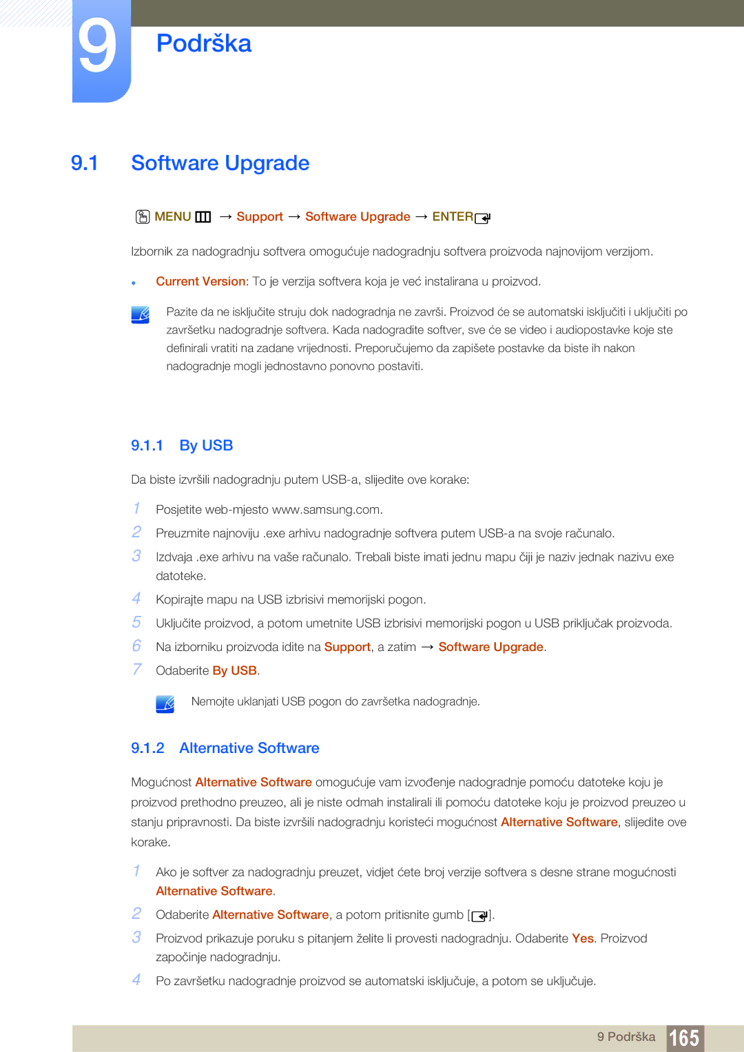 Samsung LH46MEBPLGC/EN, LH55UEAPLGC/EN, LH46UEPLGC/EN manual Podrška, Software Upgrade, By USB, Alternative Software 