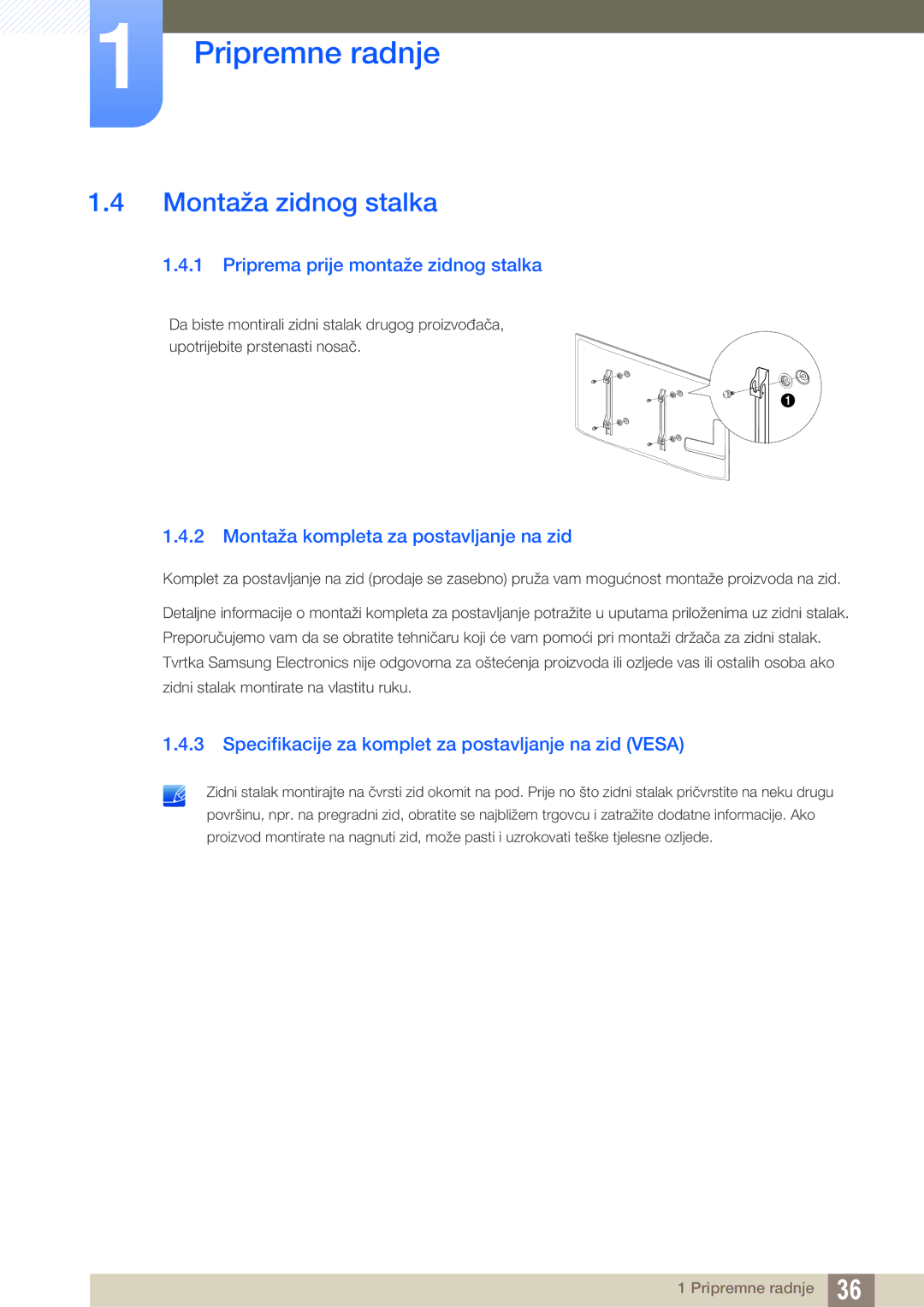 Samsung LH46UEPLGC/EN Montaža zidnog stalka, Priprema prije montaže zidnog stalka, Montaža kompleta za postavljanje na zid 