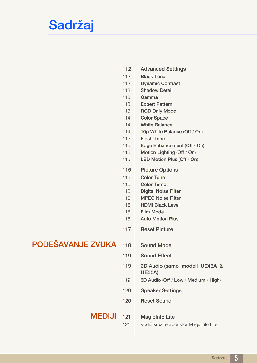 Samsung LH40MEBPLGC/EN, LH55UEAPLGC/EN, LH46UEPLGC/EN, LH55MEBPLGC/EN, LH46UEAPLGC/EN, LH46MEBPLGC/EN manual Podešavanje Zvuka 