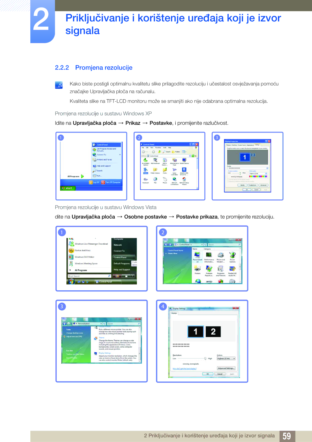 Samsung LH46UEAPLGC/EN manual Promjena rezolucije u sustavu Windows XP, Promjena rezolucije u sustavu Windows Vista 