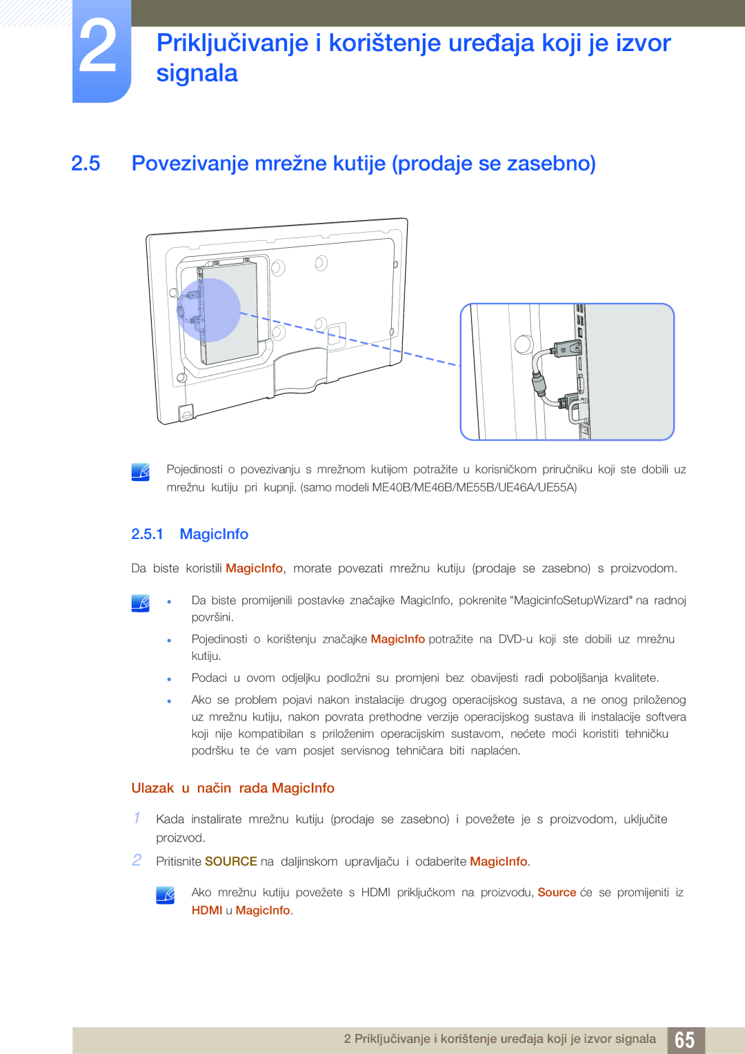 Samsung LH55MEBPLGC/EN Povezivanje mrežne kutije prodaje se zasebno, Ulazak u način rada MagicInfo, Hdmi u MagicInfo 